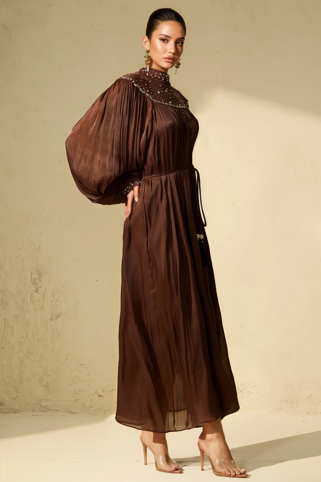 Nessra Brown Crystal Embellished Maxi Dress