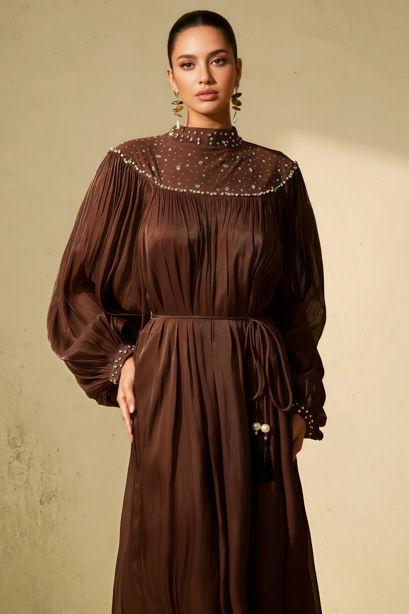 Nessra Brown Crystal Embellished Maxi Dress