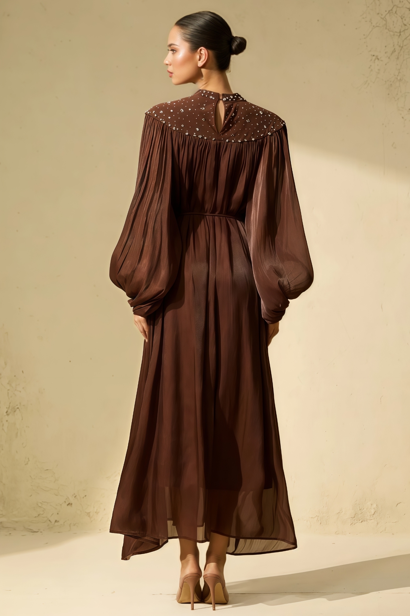Nessra Brown Crystal Embellished Maxi Dress