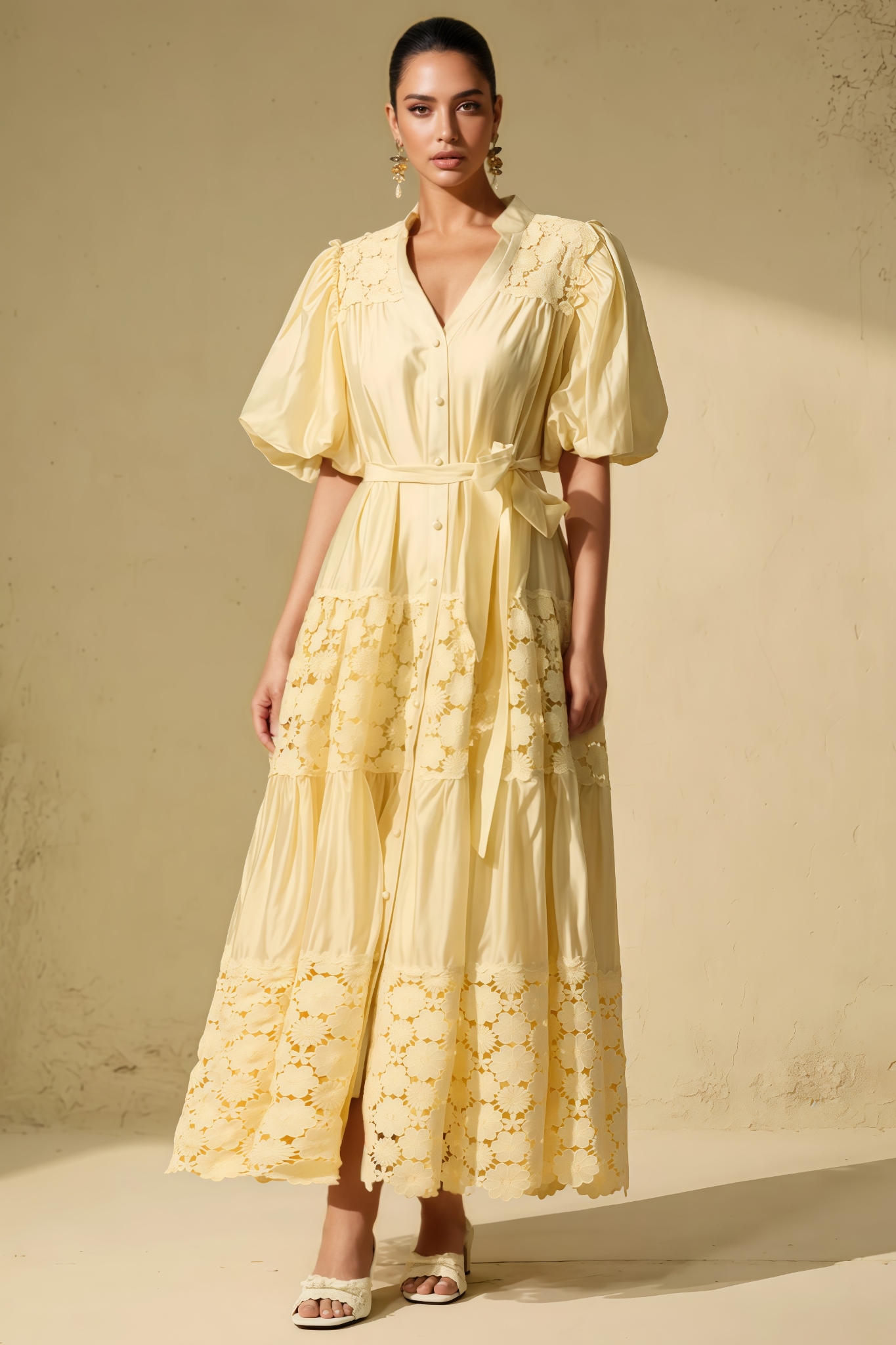 Arinay Puff Sleeve Floral Lace Maxi Dress
