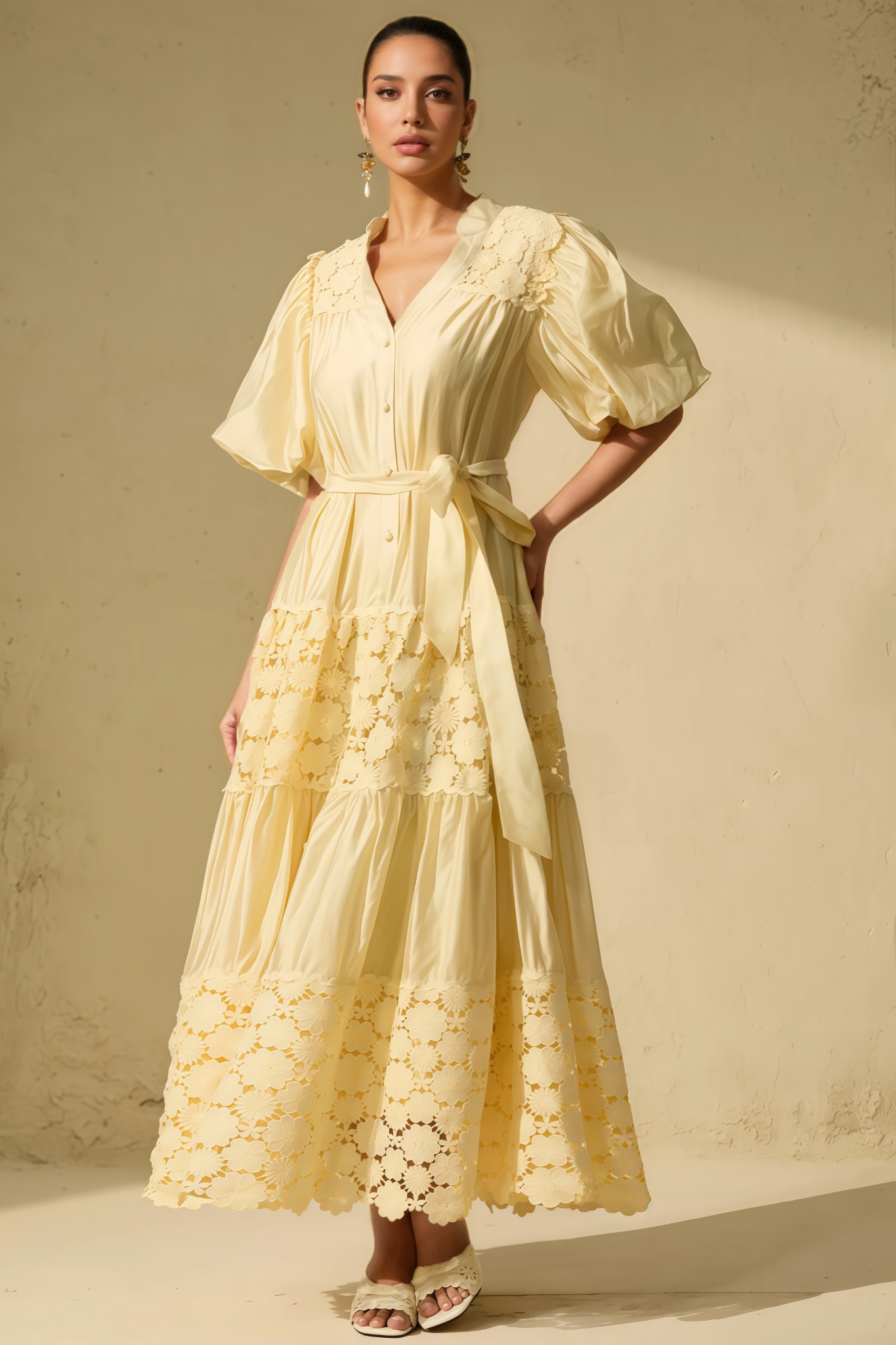Arinay Puff Sleeve Floral Lace Maxi Dress
