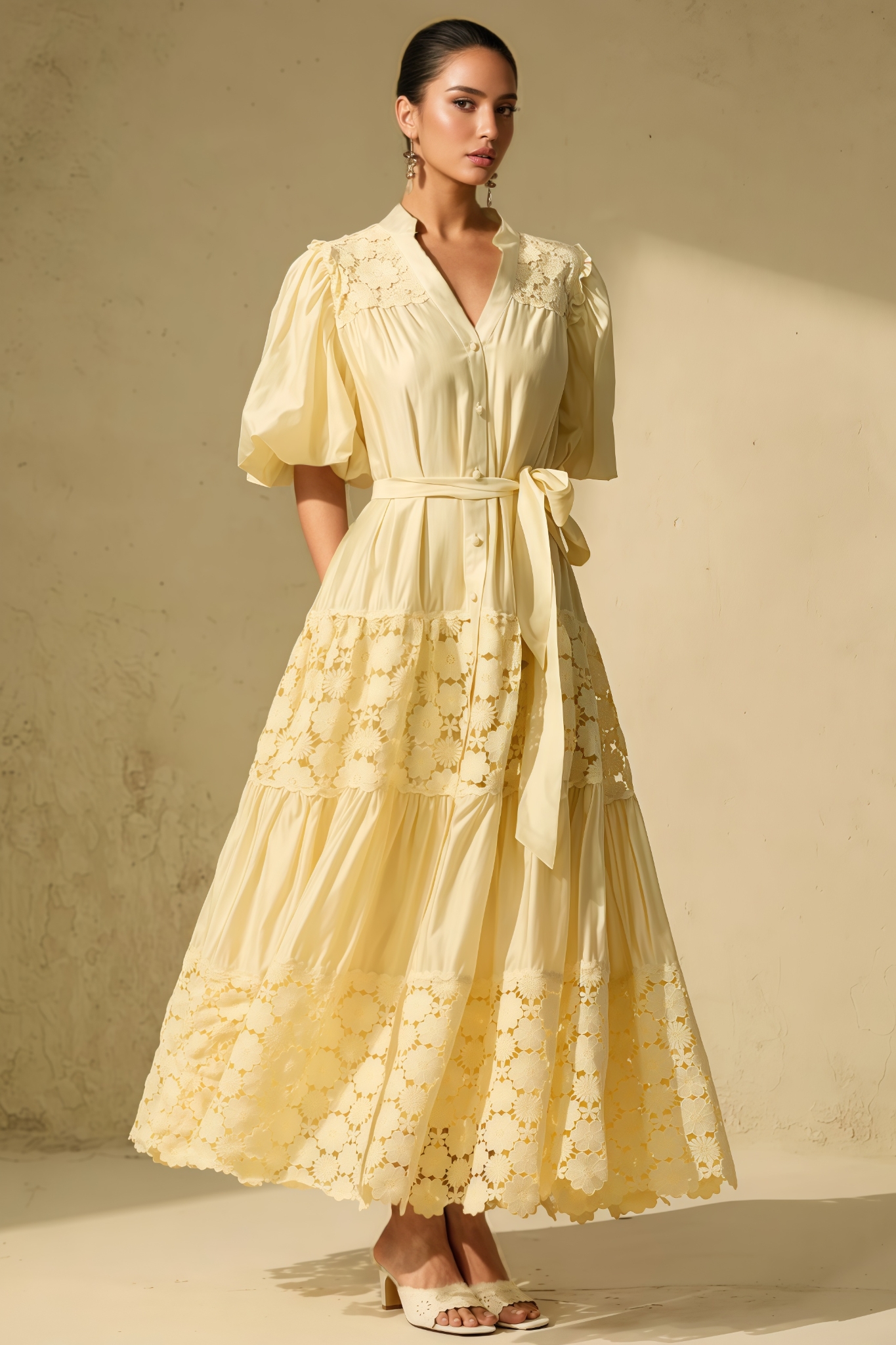 Arinay Puff Sleeve Floral Lace Maxi Dress