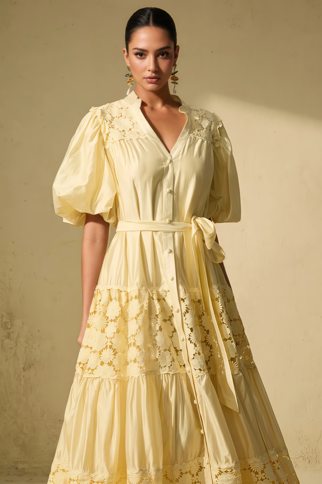 Arinay Puff Sleeve Floral Lace Maxi Dress