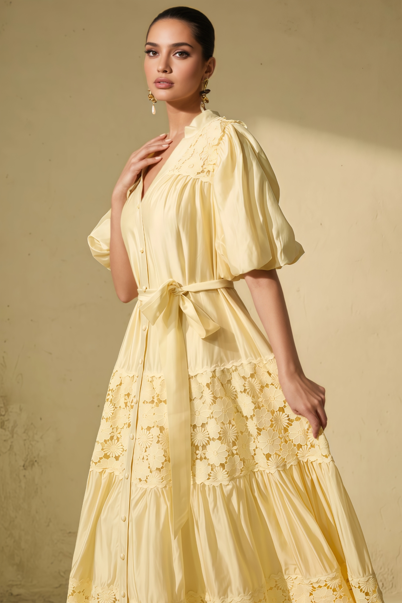 Arinay Puff Sleeve Floral Lace Maxi Dress