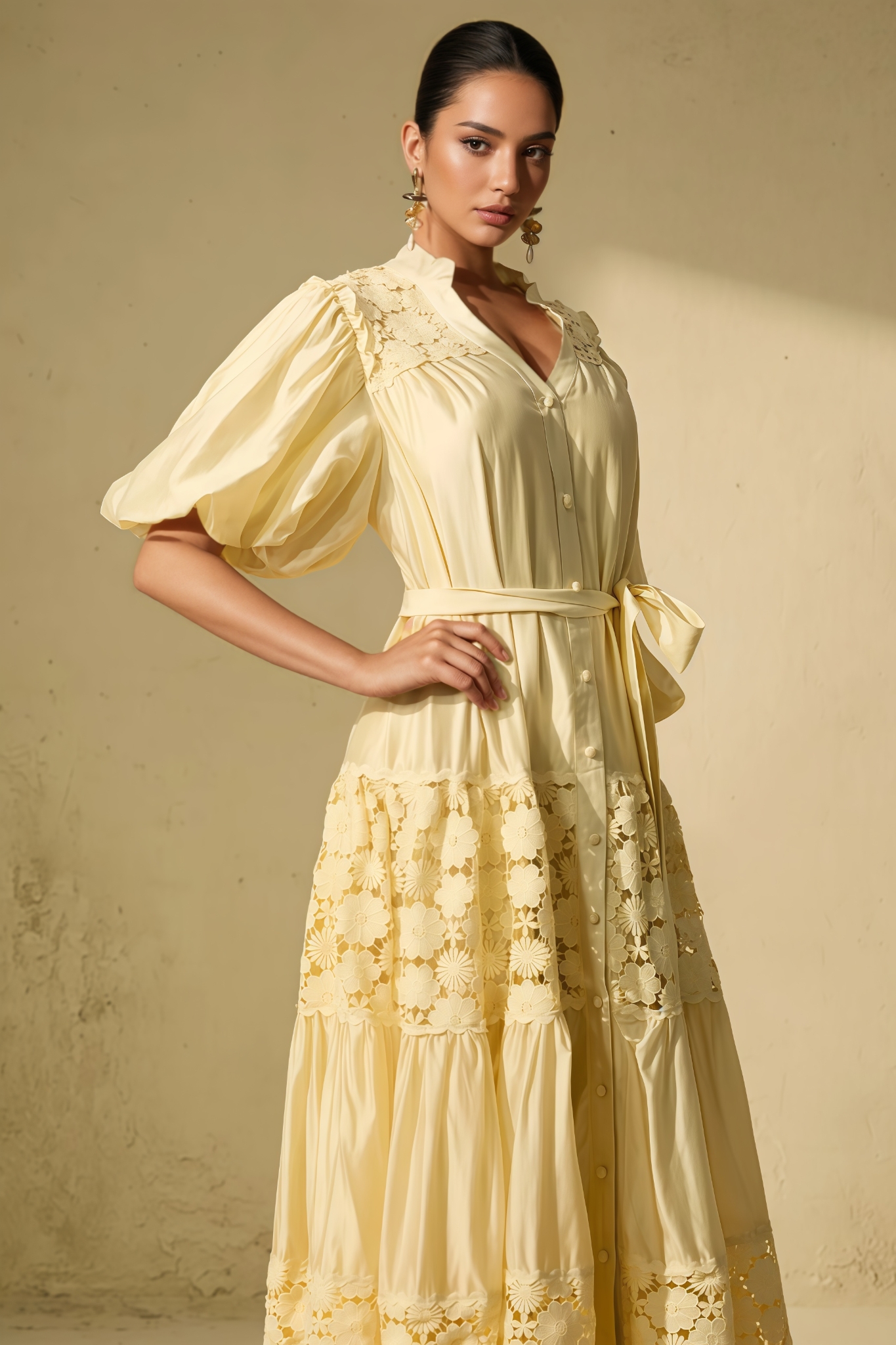 Arinay Puff Sleeve Floral Lace Maxi Dress