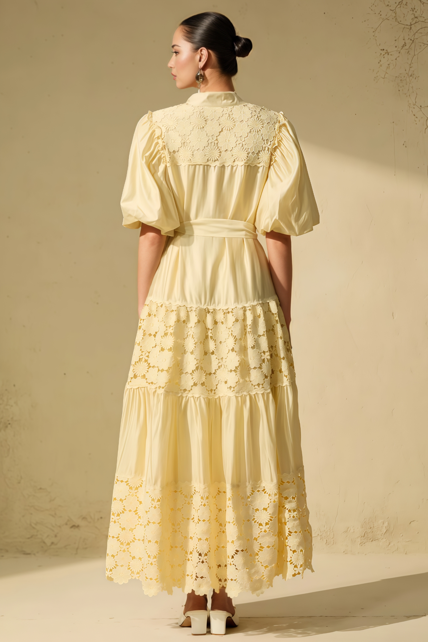 Arinay Puff Sleeve Floral Lace Maxi Dress