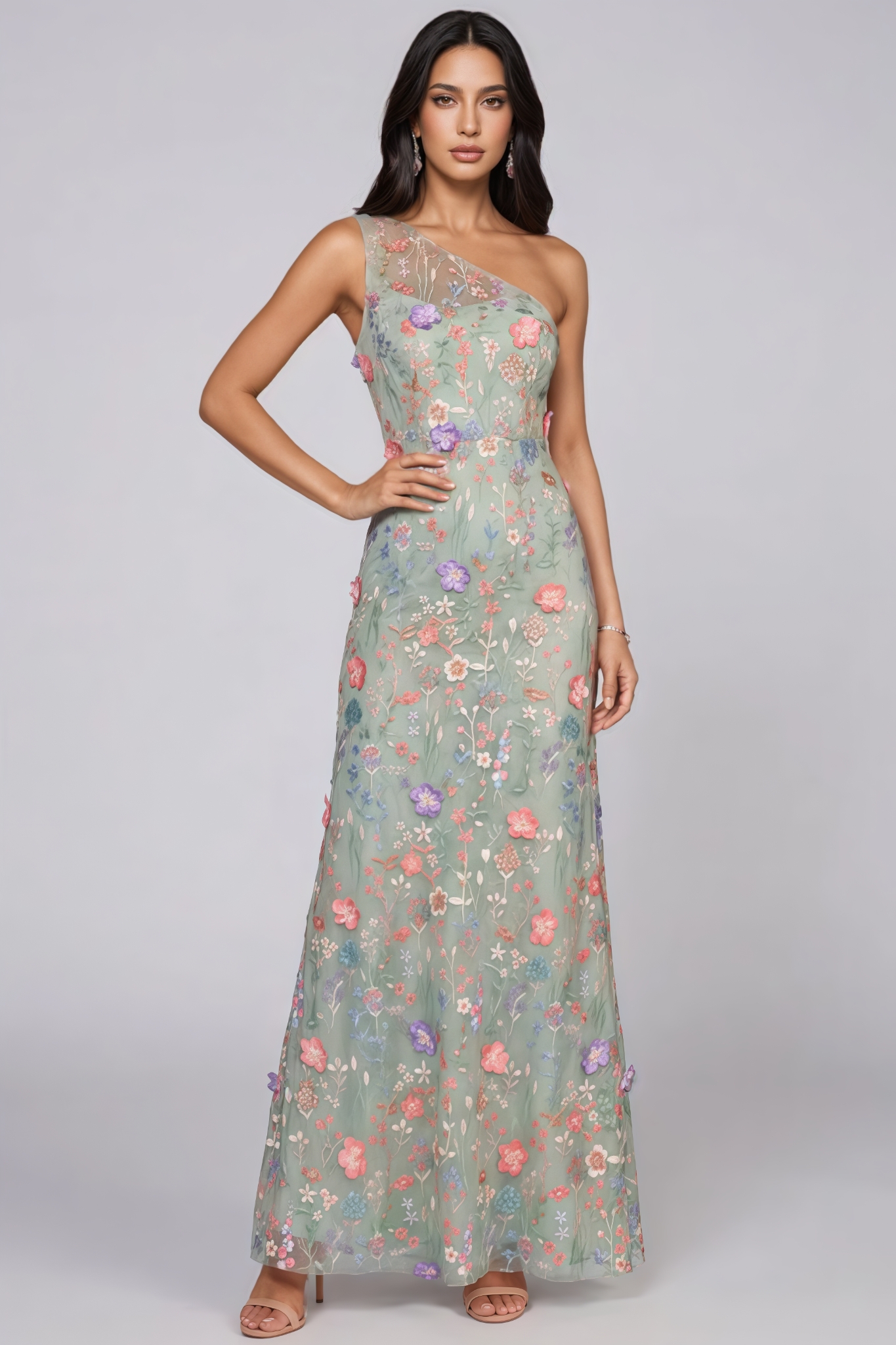 Bmily Green One Shoulder Mesh Maxi Dress