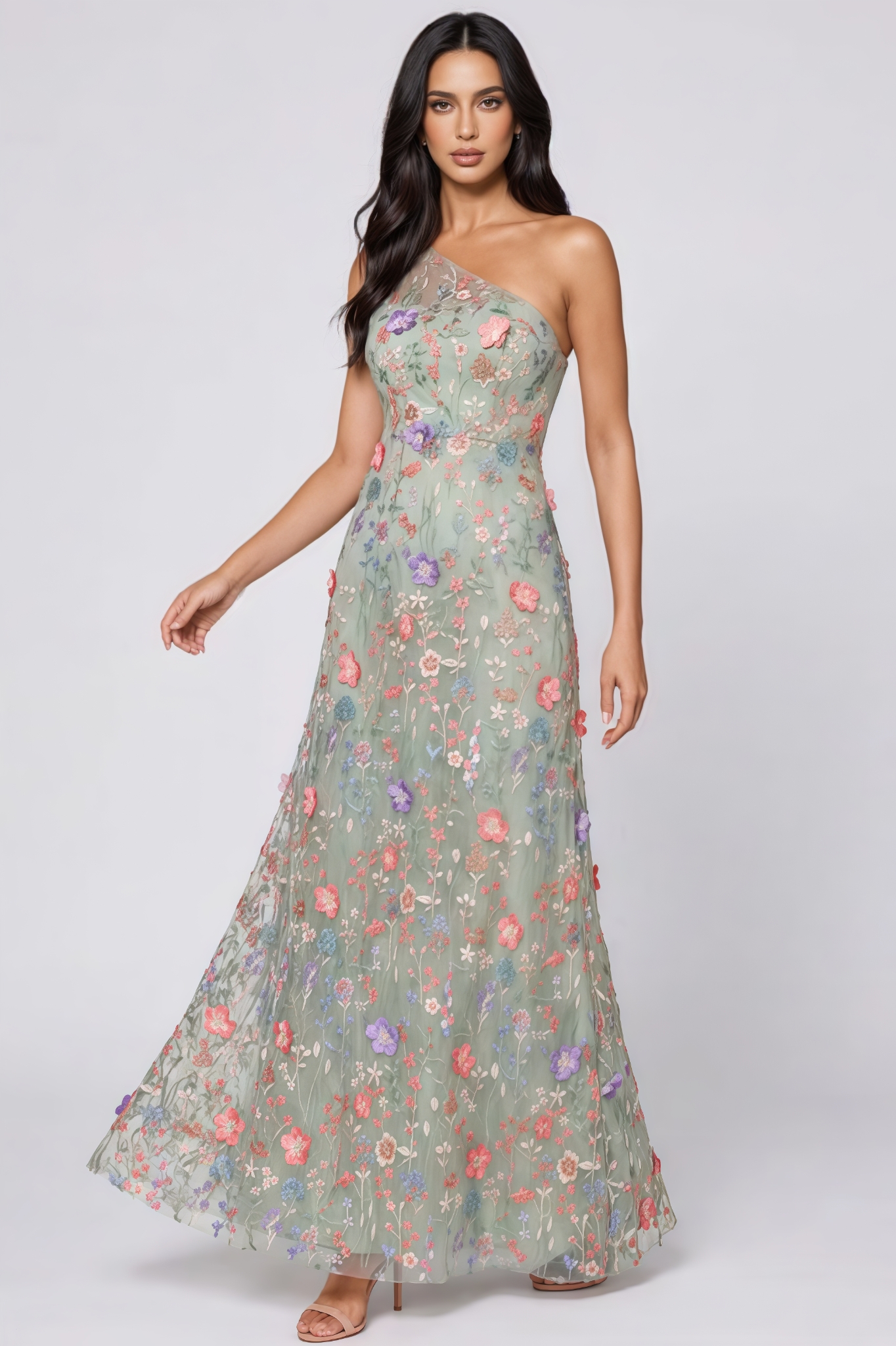Bmily Green One Shoulder Mesh Maxi Dress