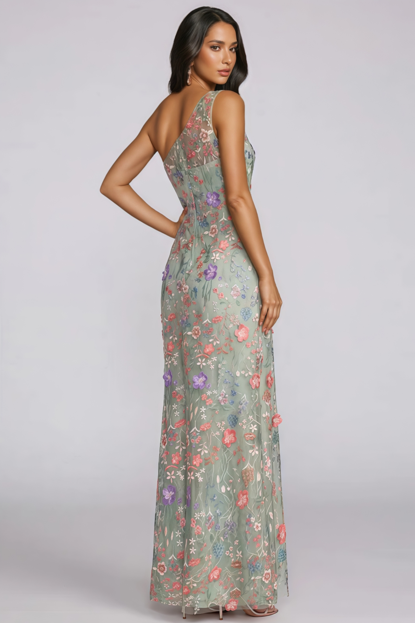 Bmily Green One Shoulder Mesh Maxi Dress