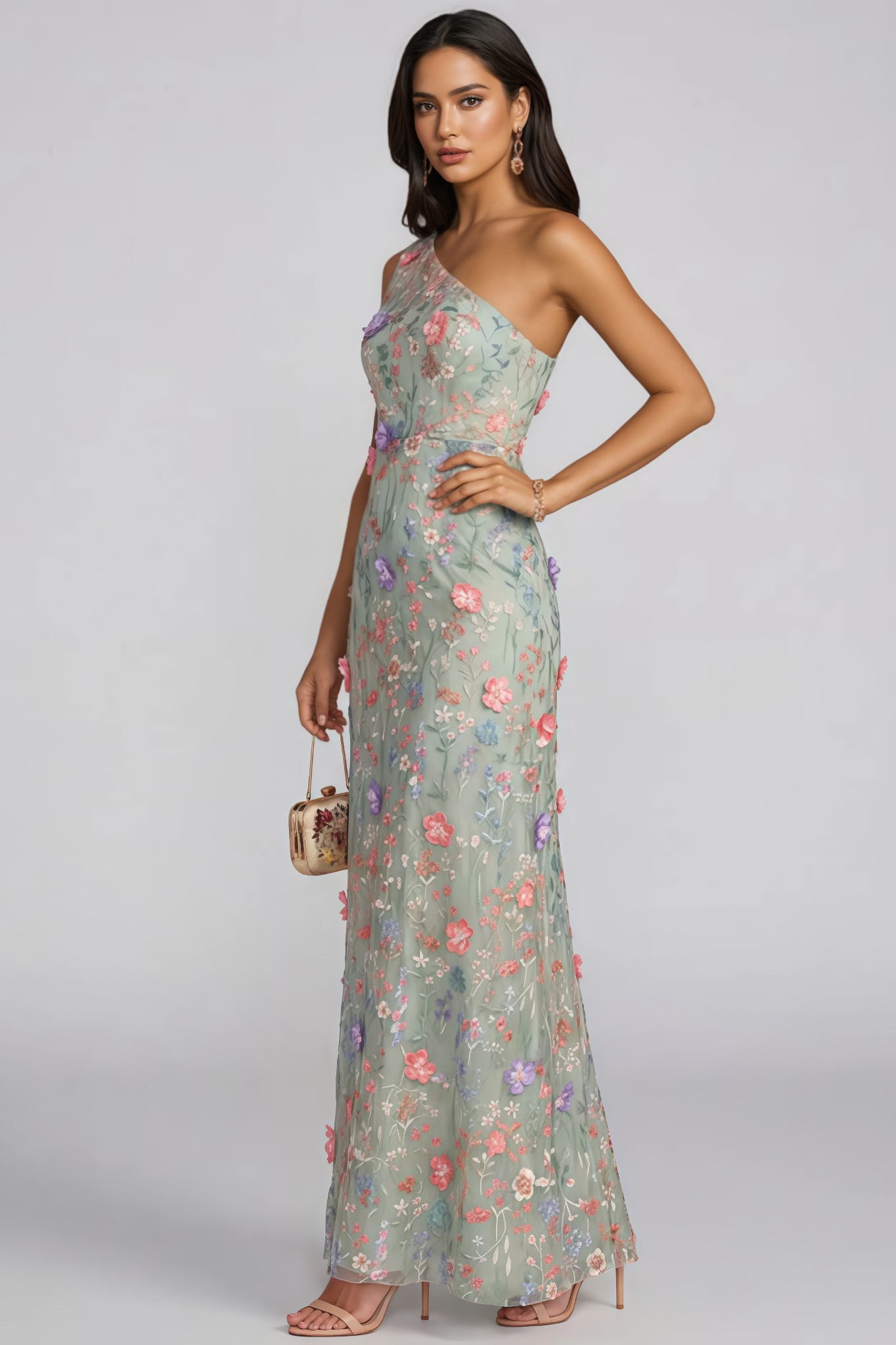 Bmily Green One Shoulder Mesh Maxi Dress