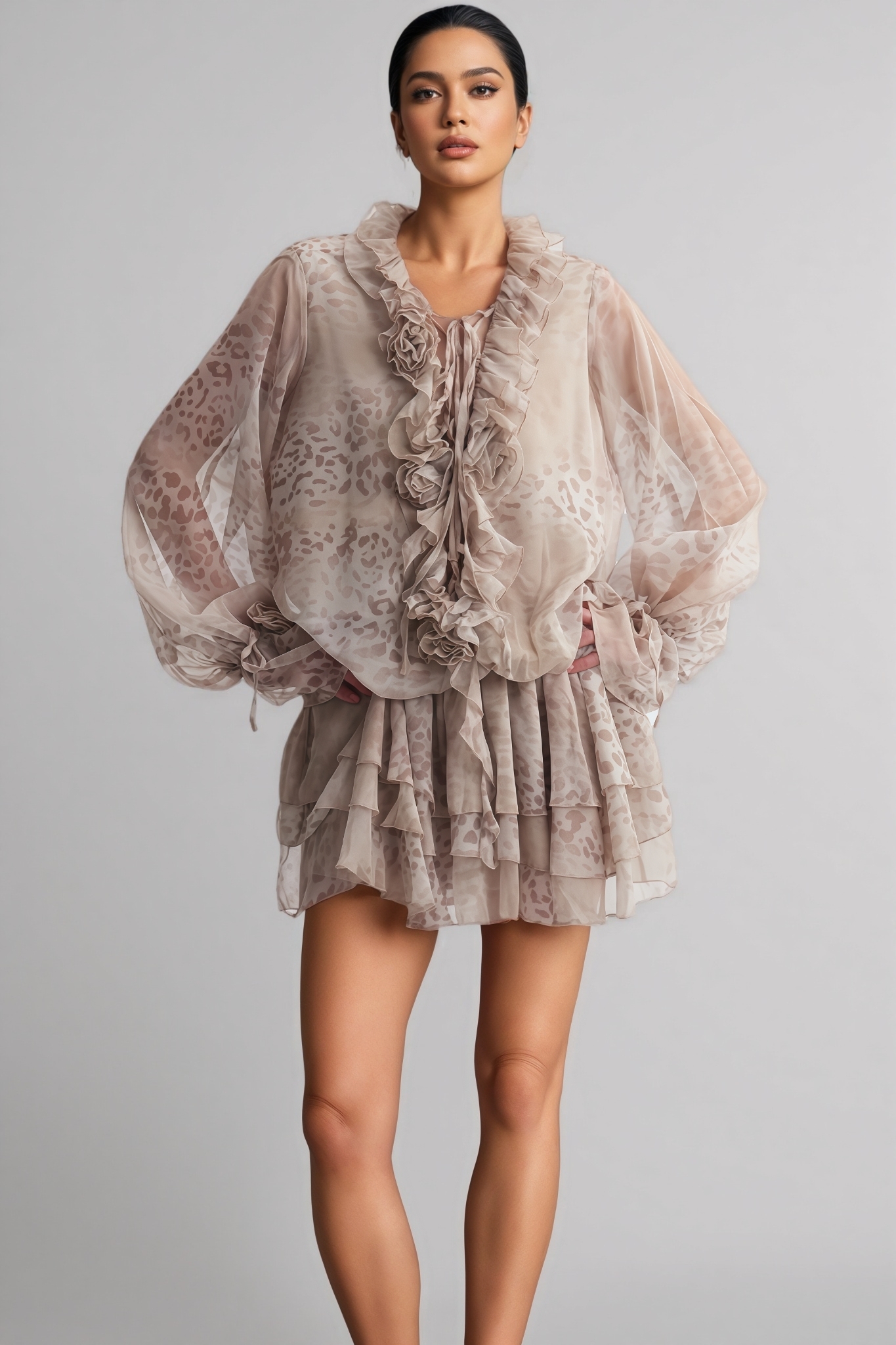 Bocasta Brown 3D Flower Mini Dress Set
