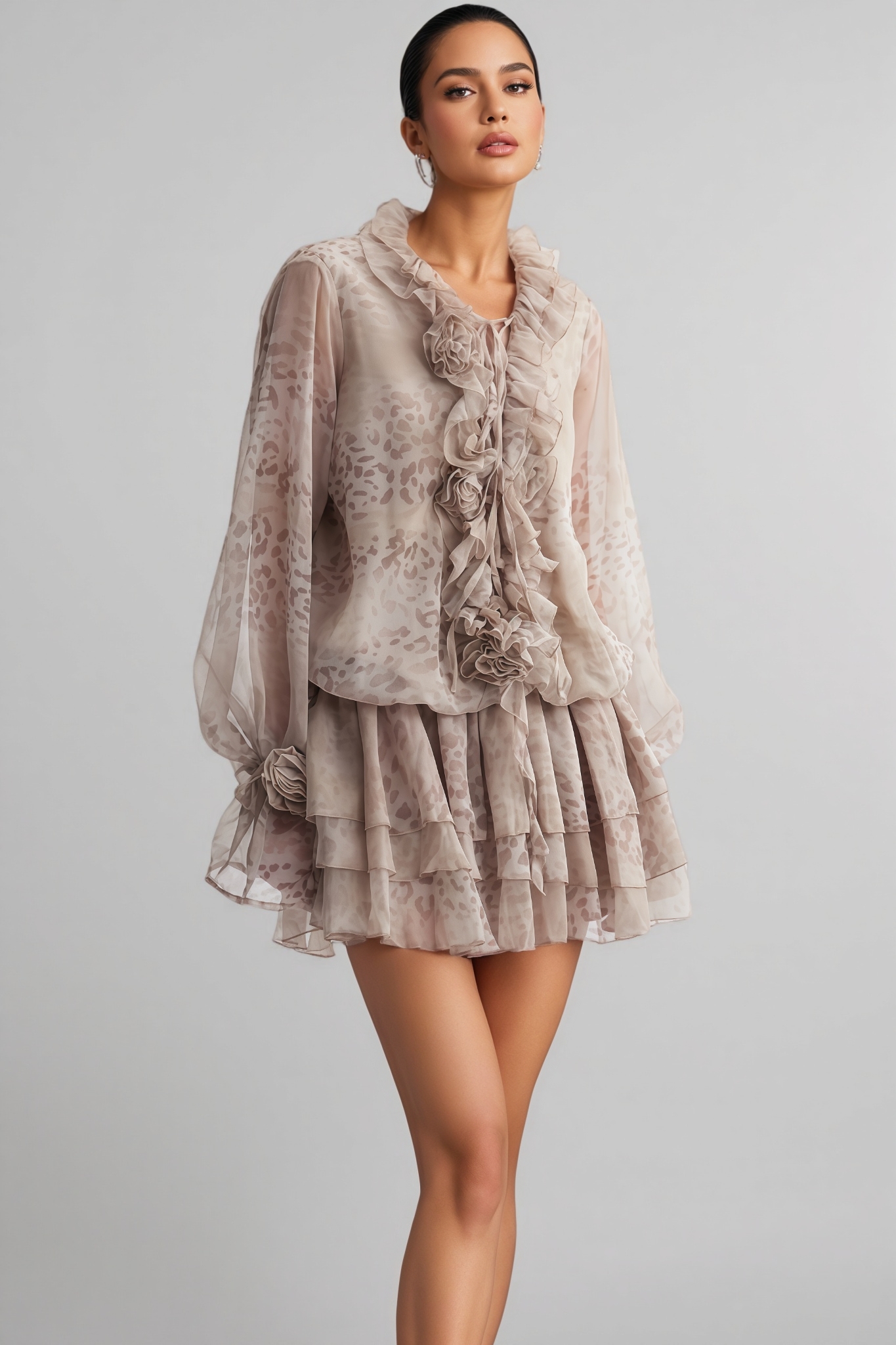 Bocasta Brown 3D Flower Mini Dress Set