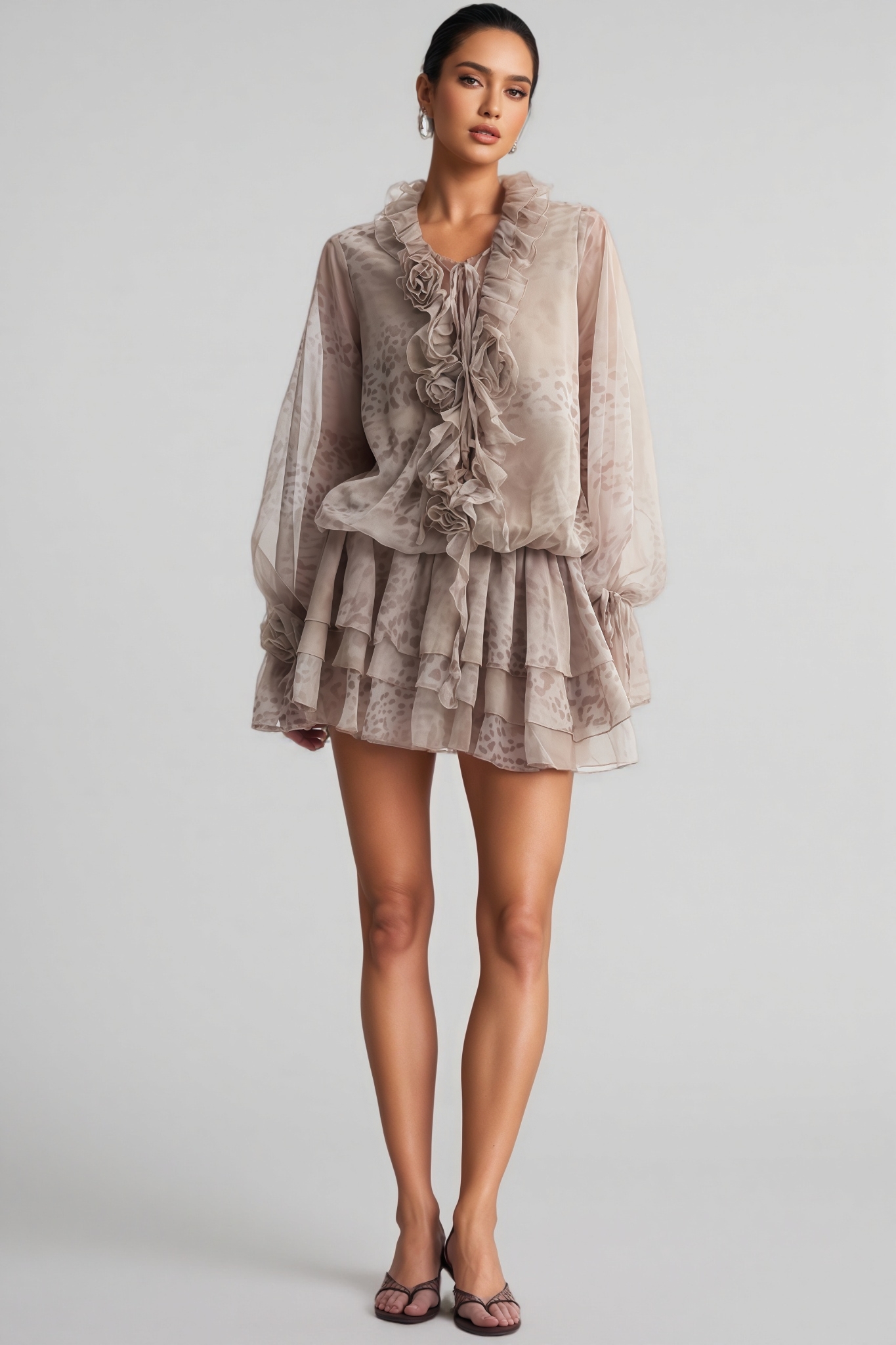 Bocasta Brown 3D Flower Mini Dress Set