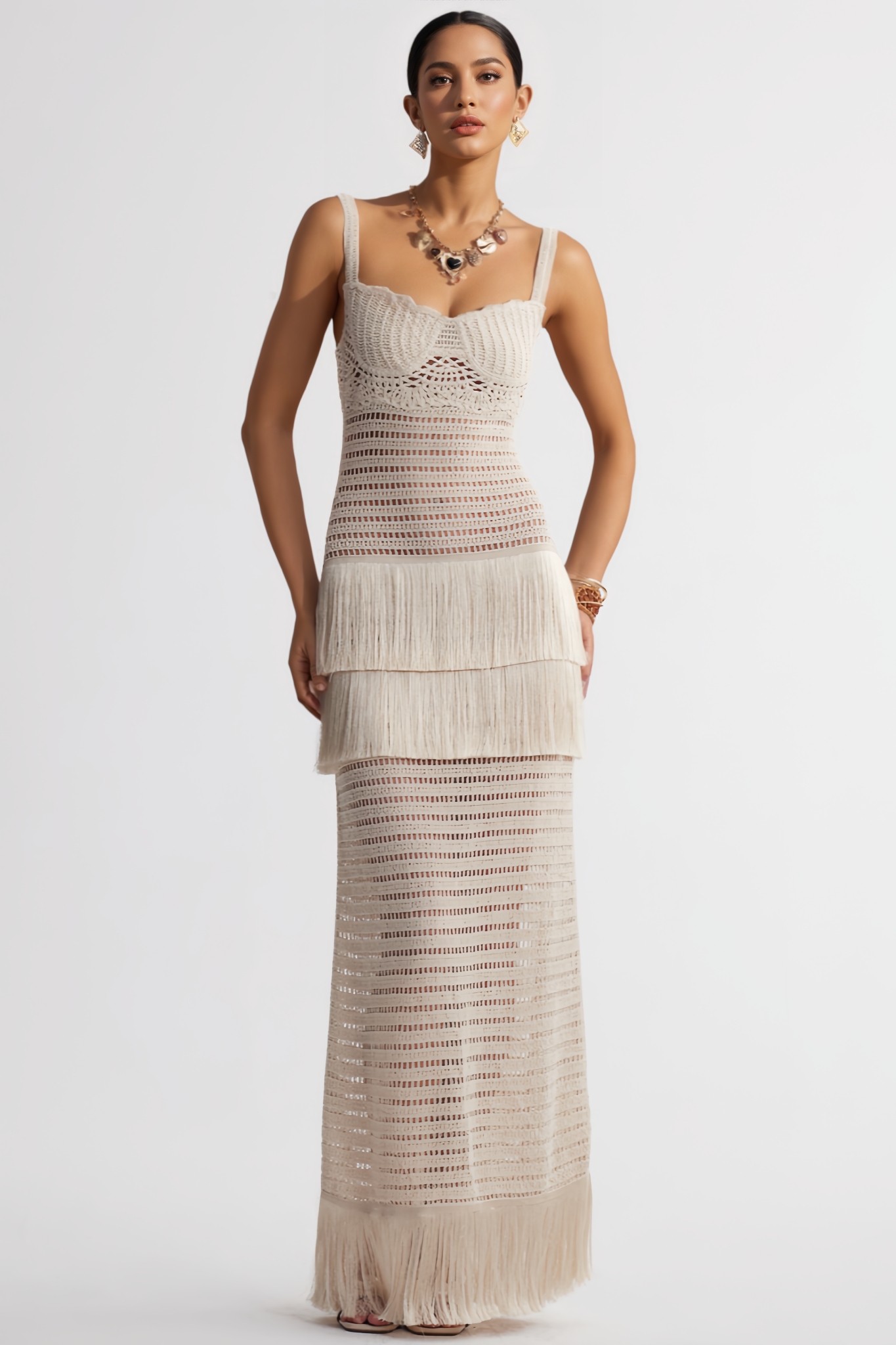 Mervyn Beige Halter Fringe Maxi Dress
