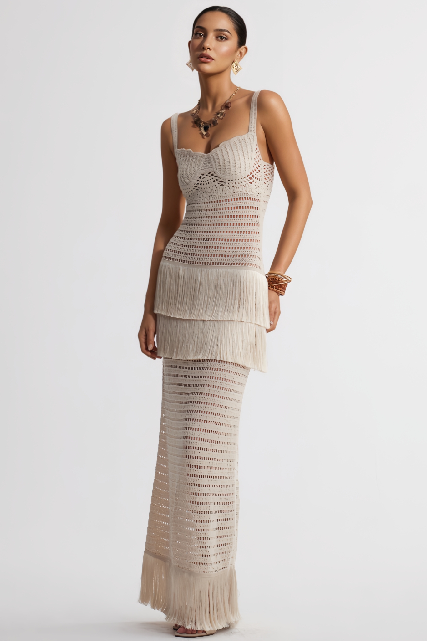 Mervyn Beige Halter Fringe Maxi Dress