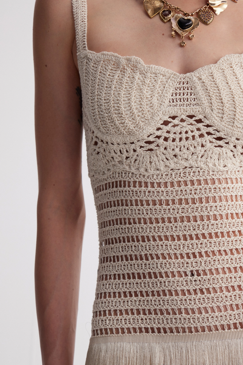 Mervyn Beige Halter Fringe Maxi Dress