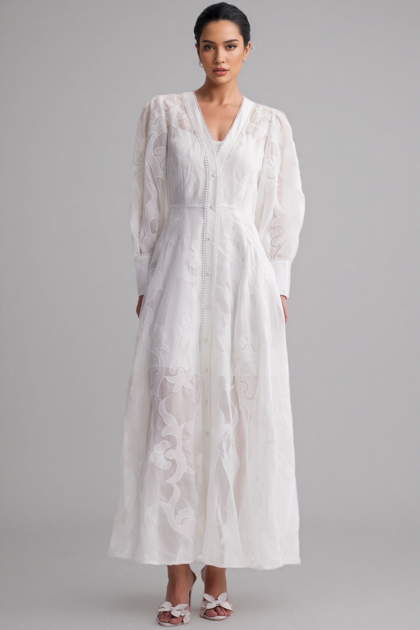 Jeremy White Long Sleeve Embroidered Maxi Dress