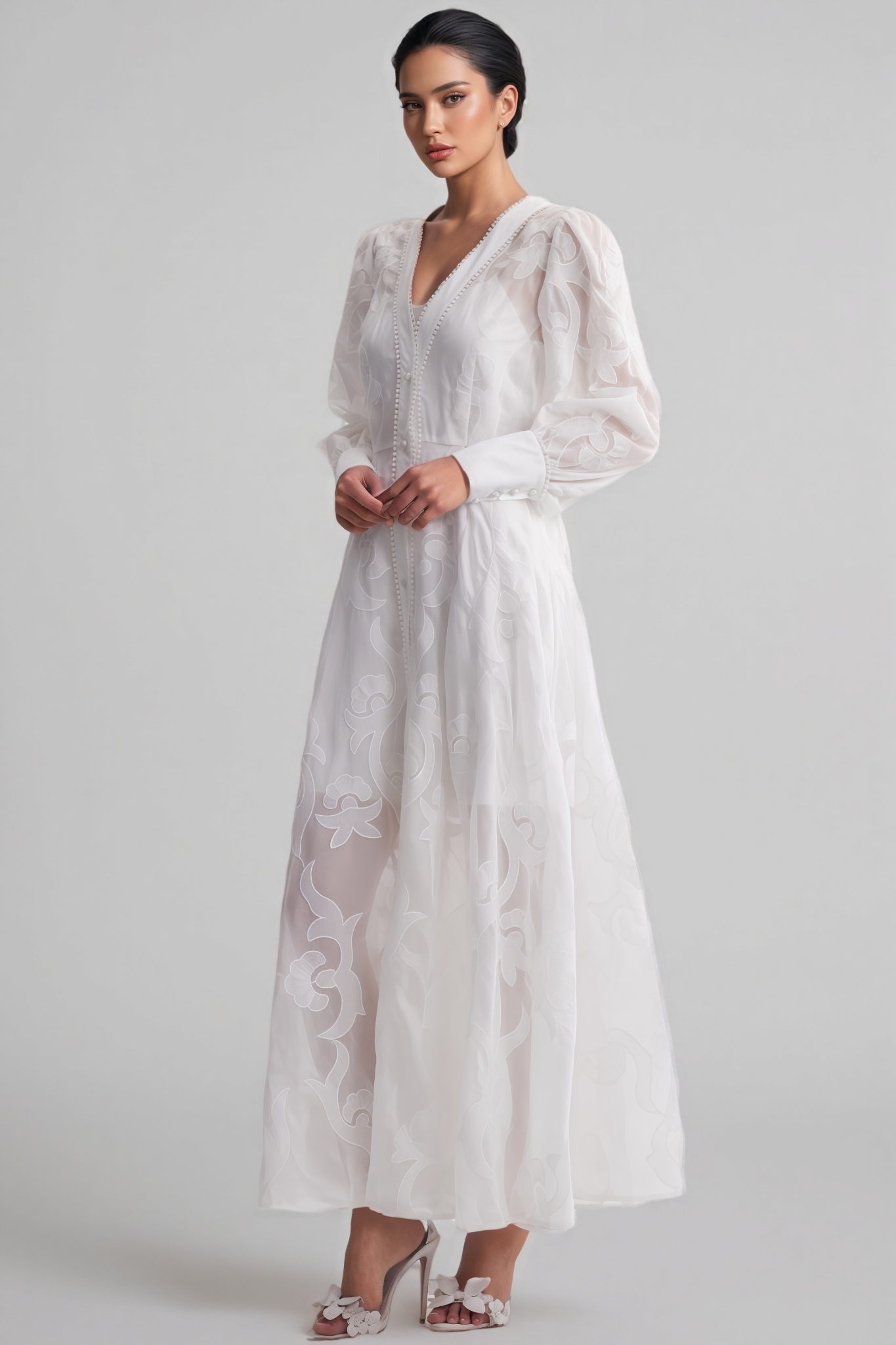 Jeremy White Long Sleeve Embroidered Maxi Dress