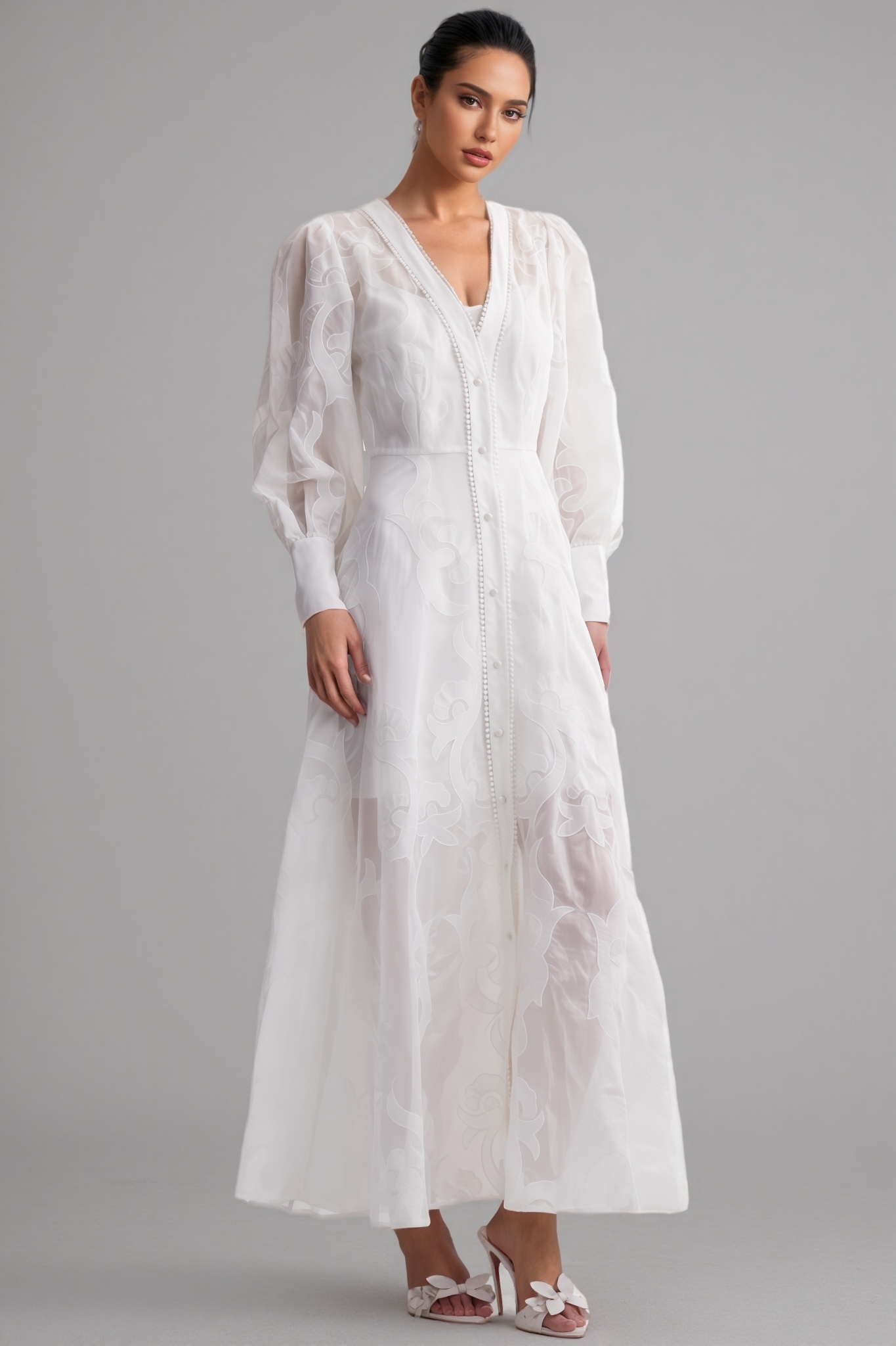 Jeremy White Long Sleeve Embroidered Maxi Dress