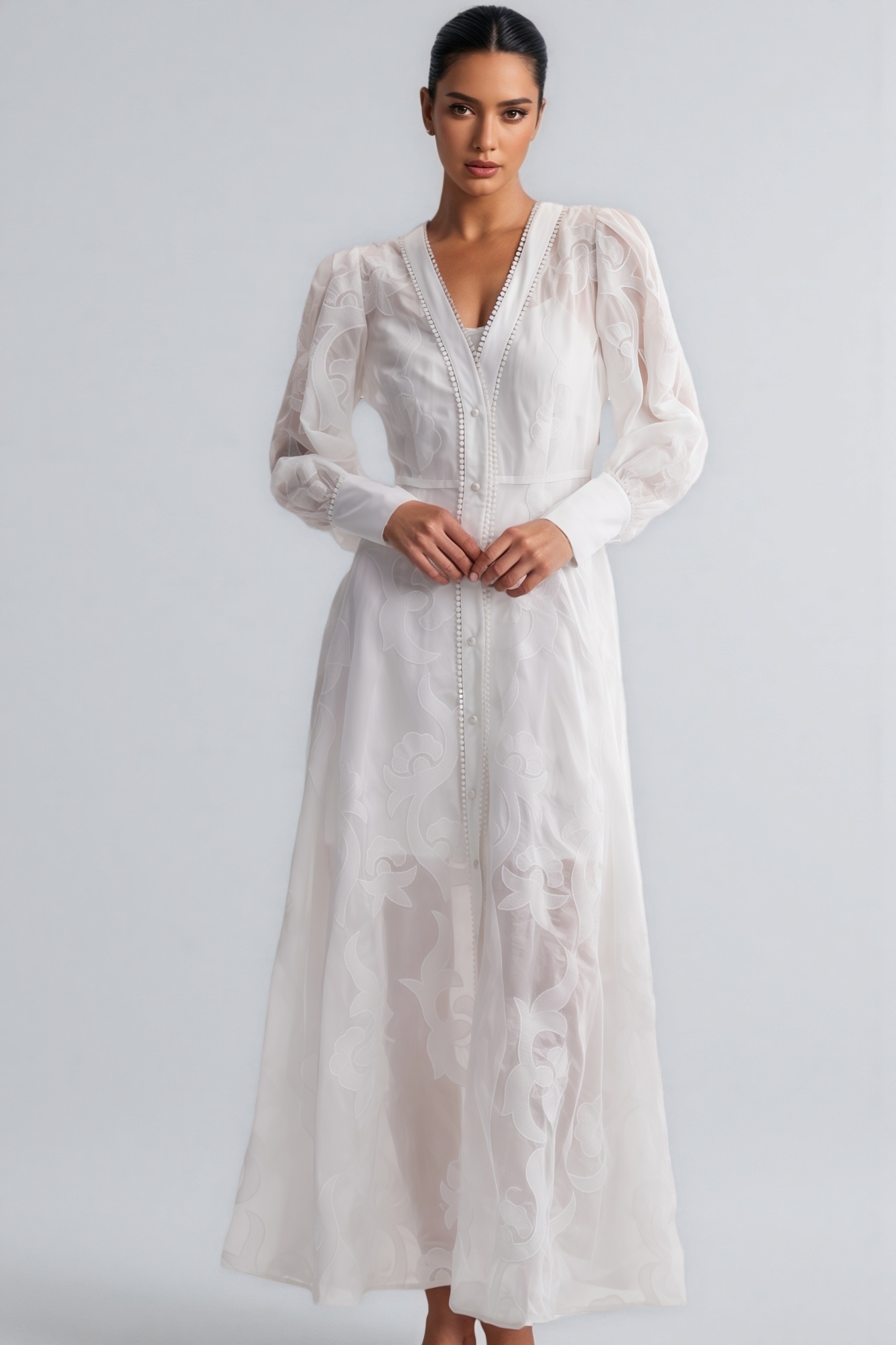 Jeremy White Long Sleeve Embroidered Maxi Dress