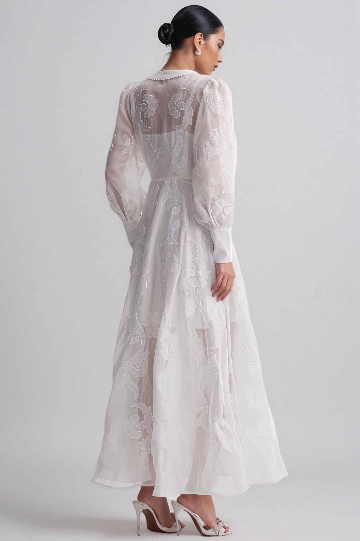 Jeremy White Long Sleeve Embroidered Maxi Dress