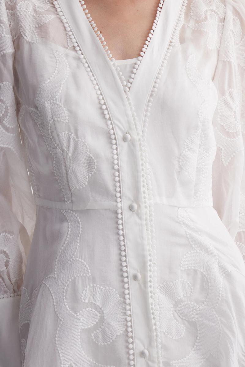 Jeremy White Long Sleeve Embroidered Maxi Dress