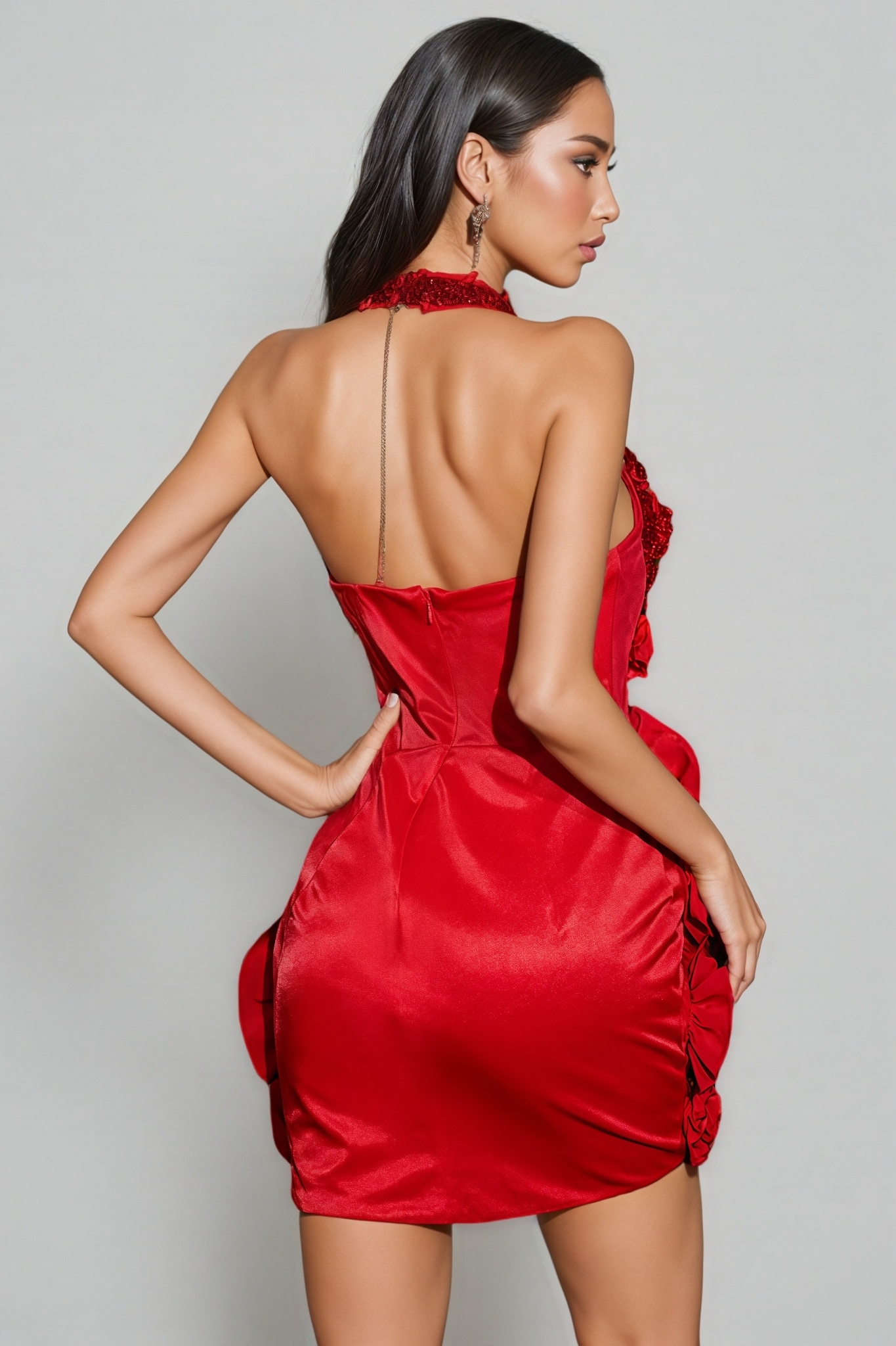 Noven Red Halterneck Flower Crystal Mini Dress