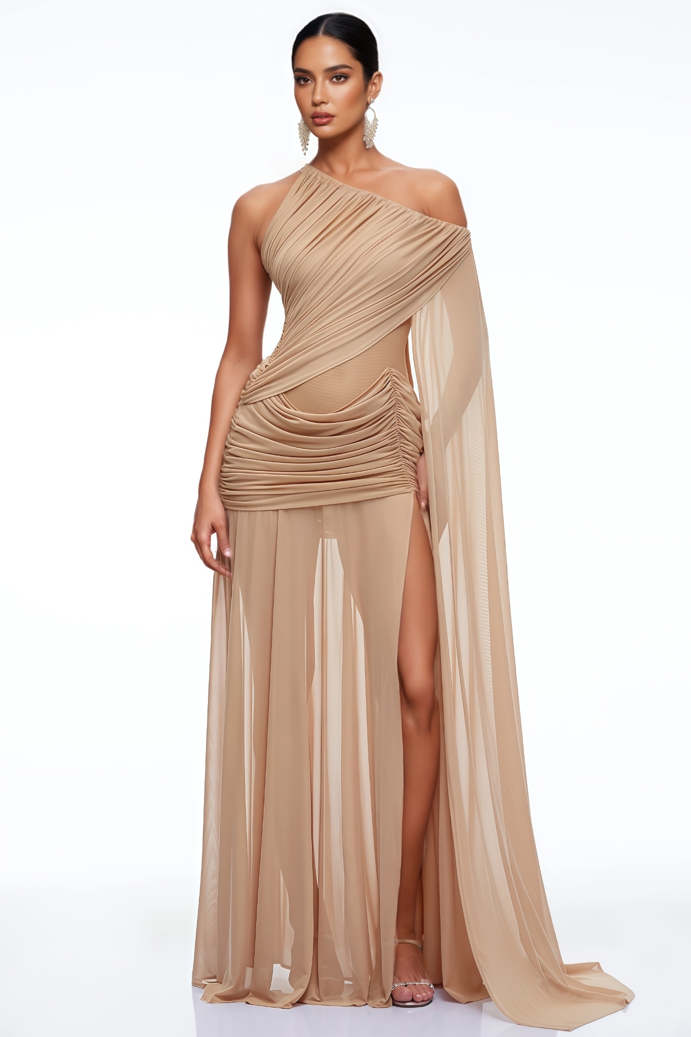 Hivanor Brown One Shoulder Ruched Maxi Dress