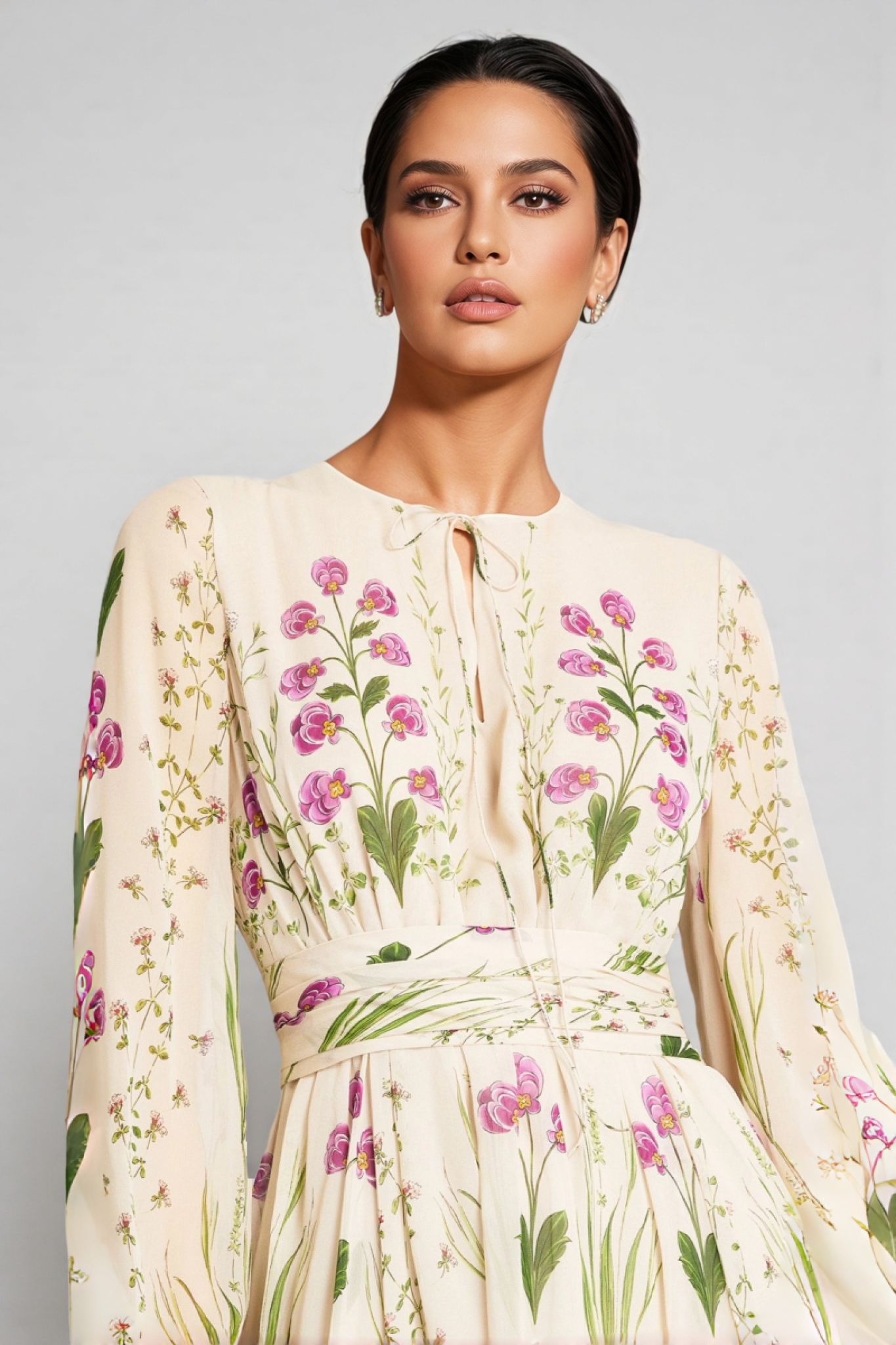 Cressida Floral Lace Up Long Sleeve Maxi Dress