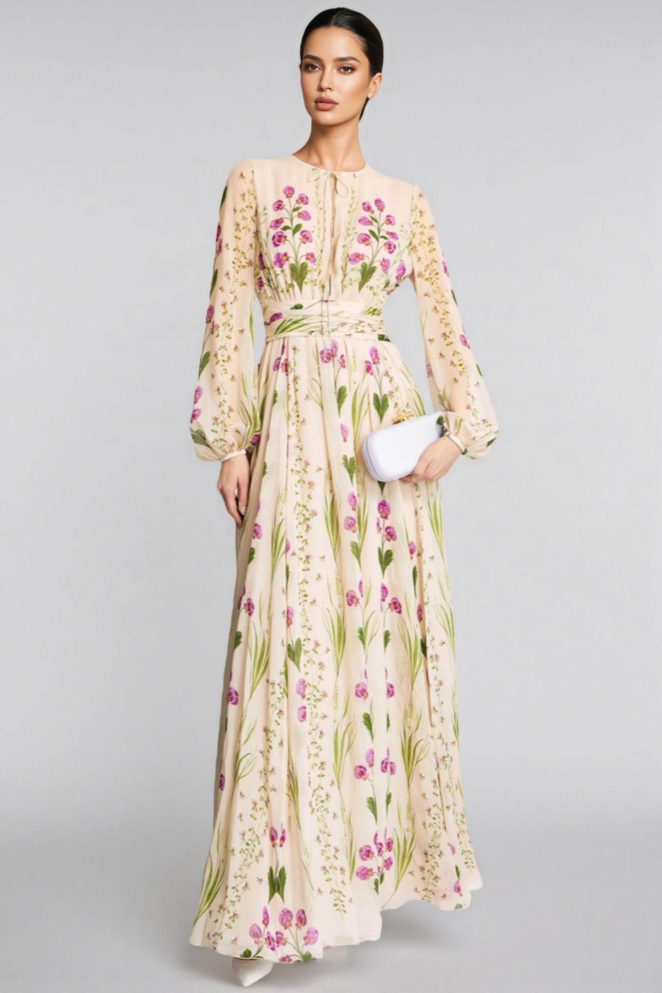 Cressida Floral Lace Up Long Sleeve Maxi Dress