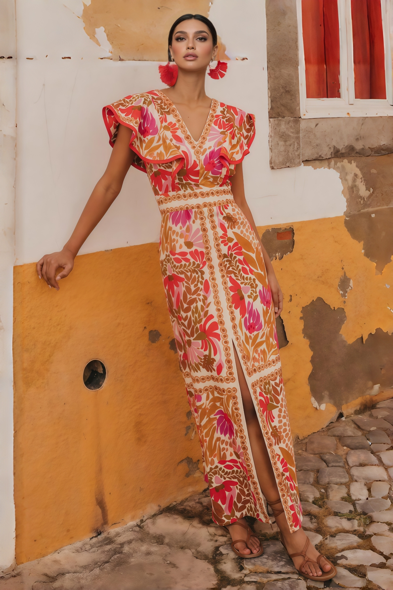 Zane Floral V-Neck Split Backless Midi Dress