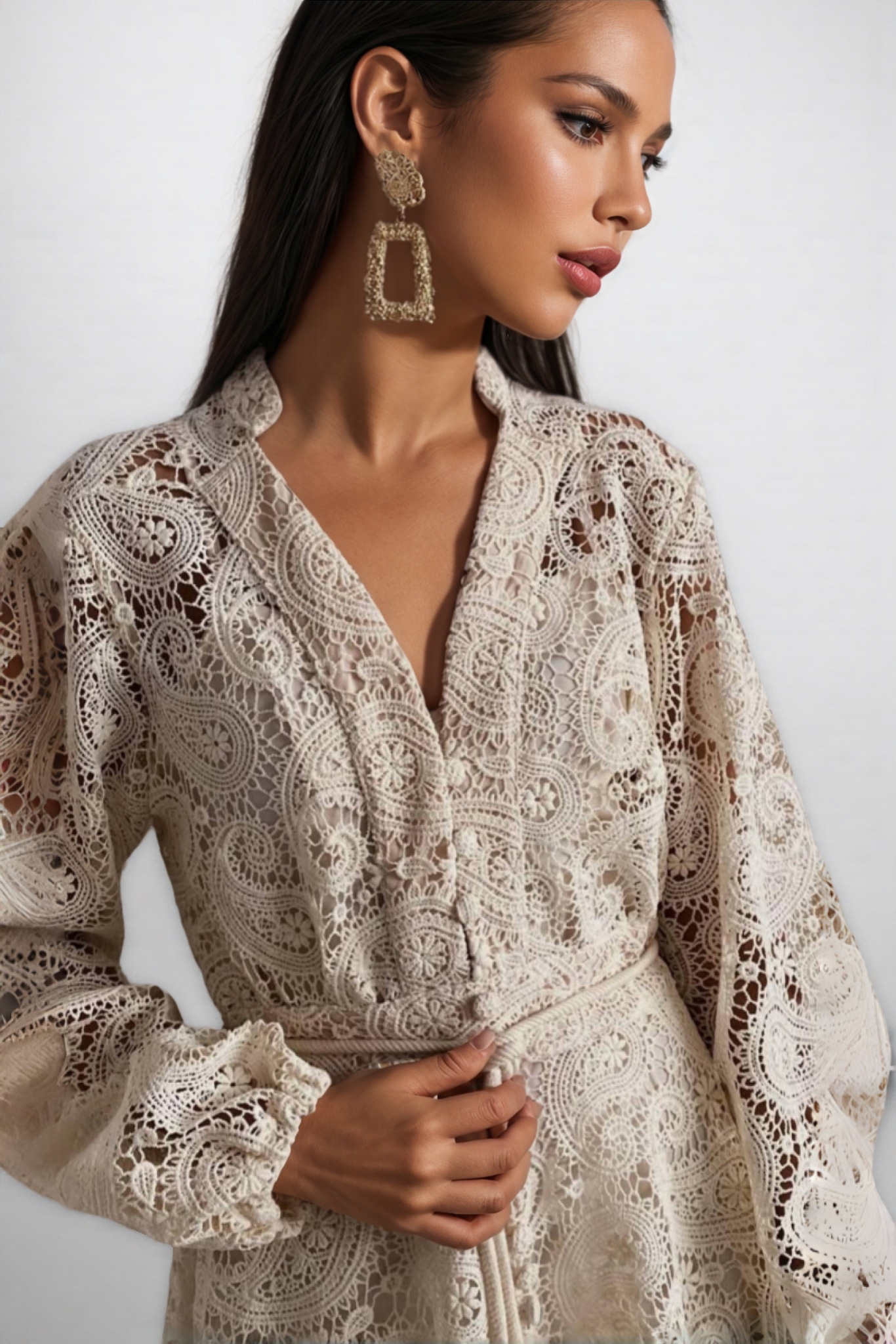 Theod Lace Lantern Sleeve Midi Dress