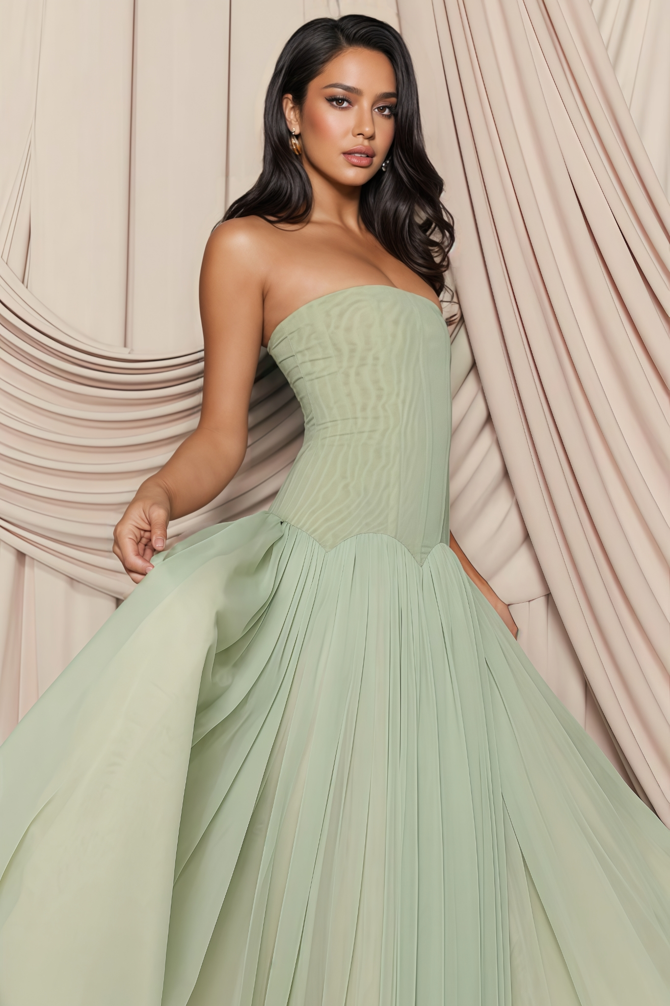 Hornisan Green Strapless Tulle Maxi Dress