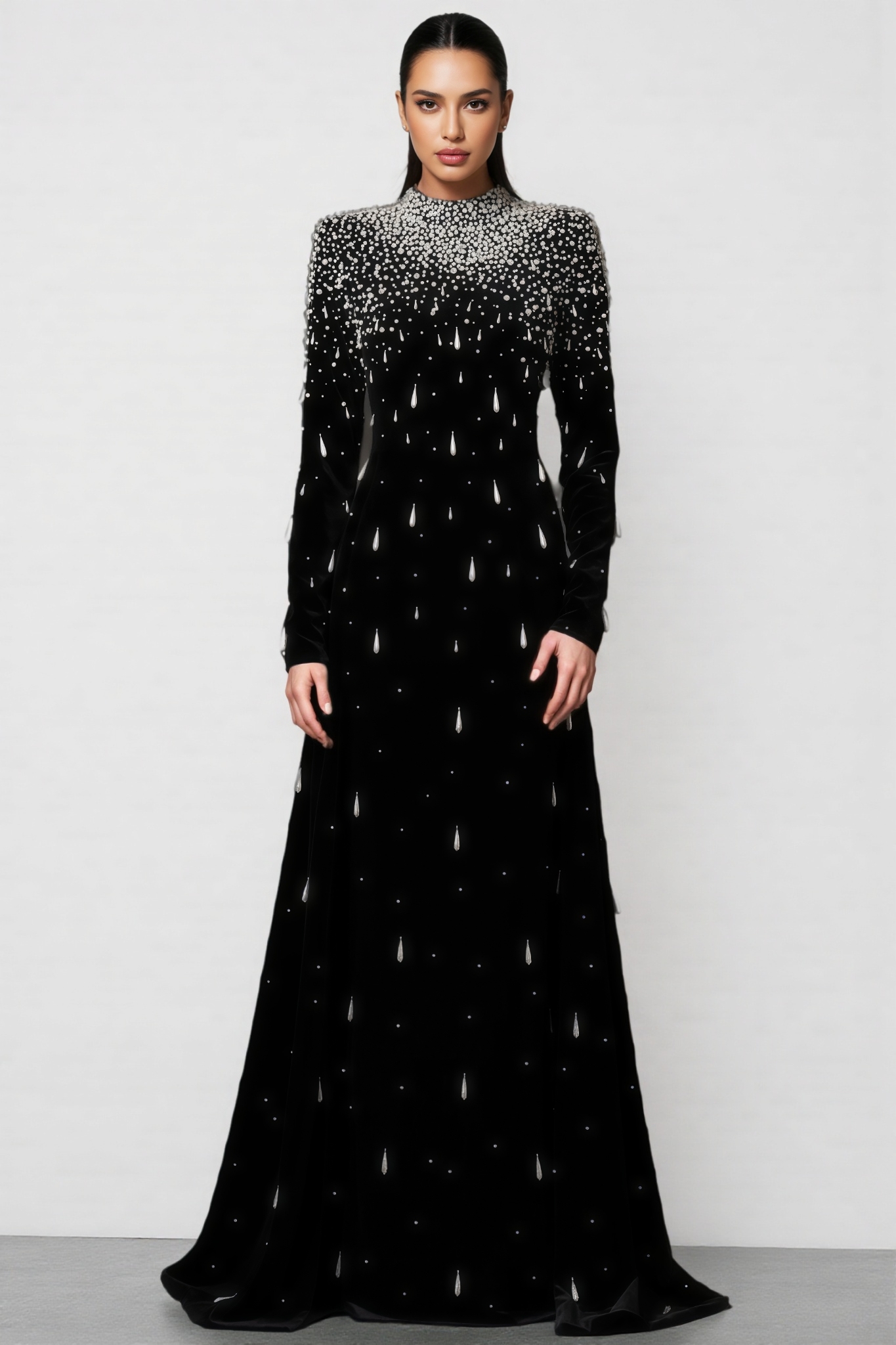 Junrty Black Pearl Beaded Maxi Dress