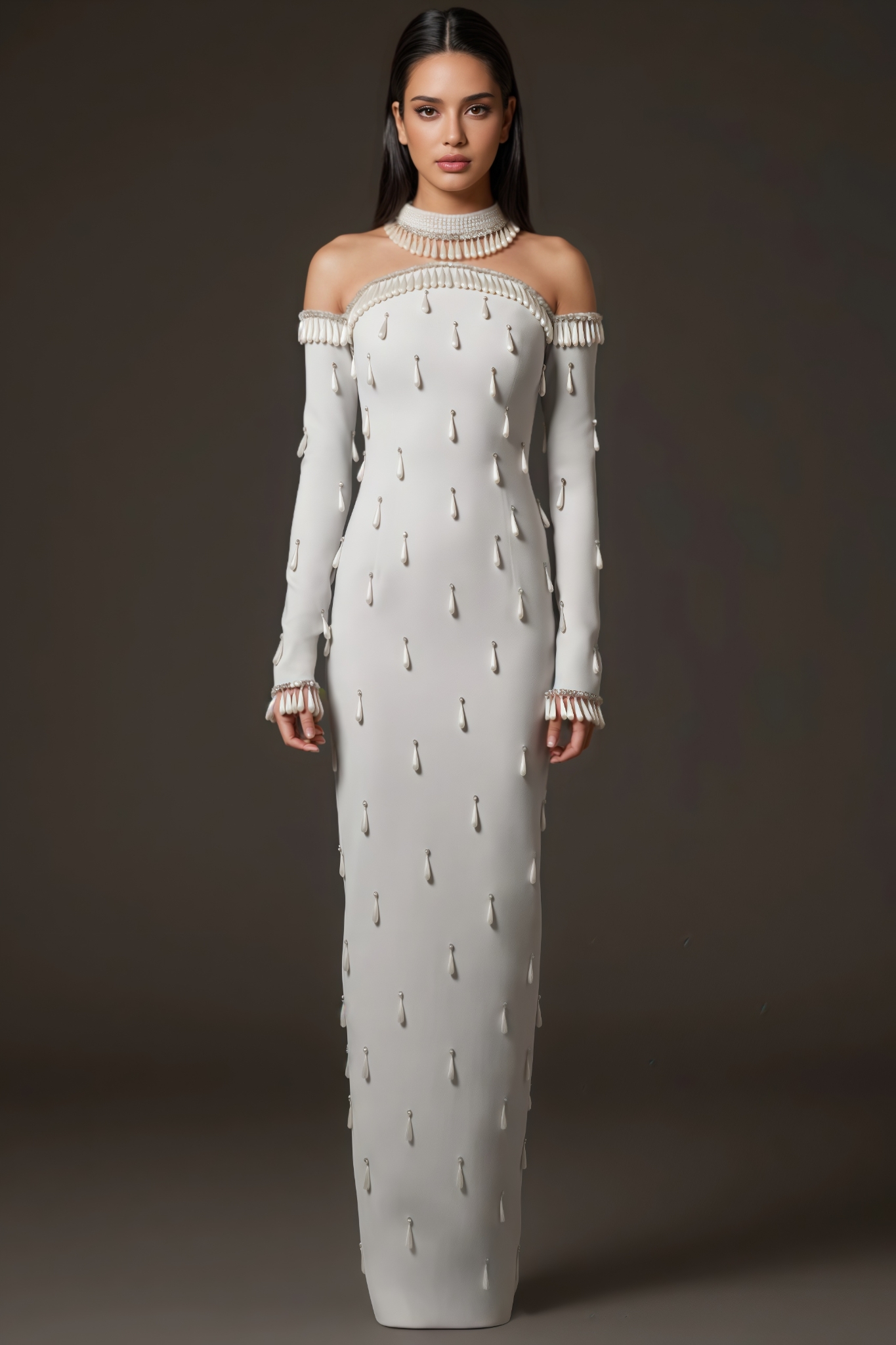 Celia White Long Sleeve Pearl Maxi Dress