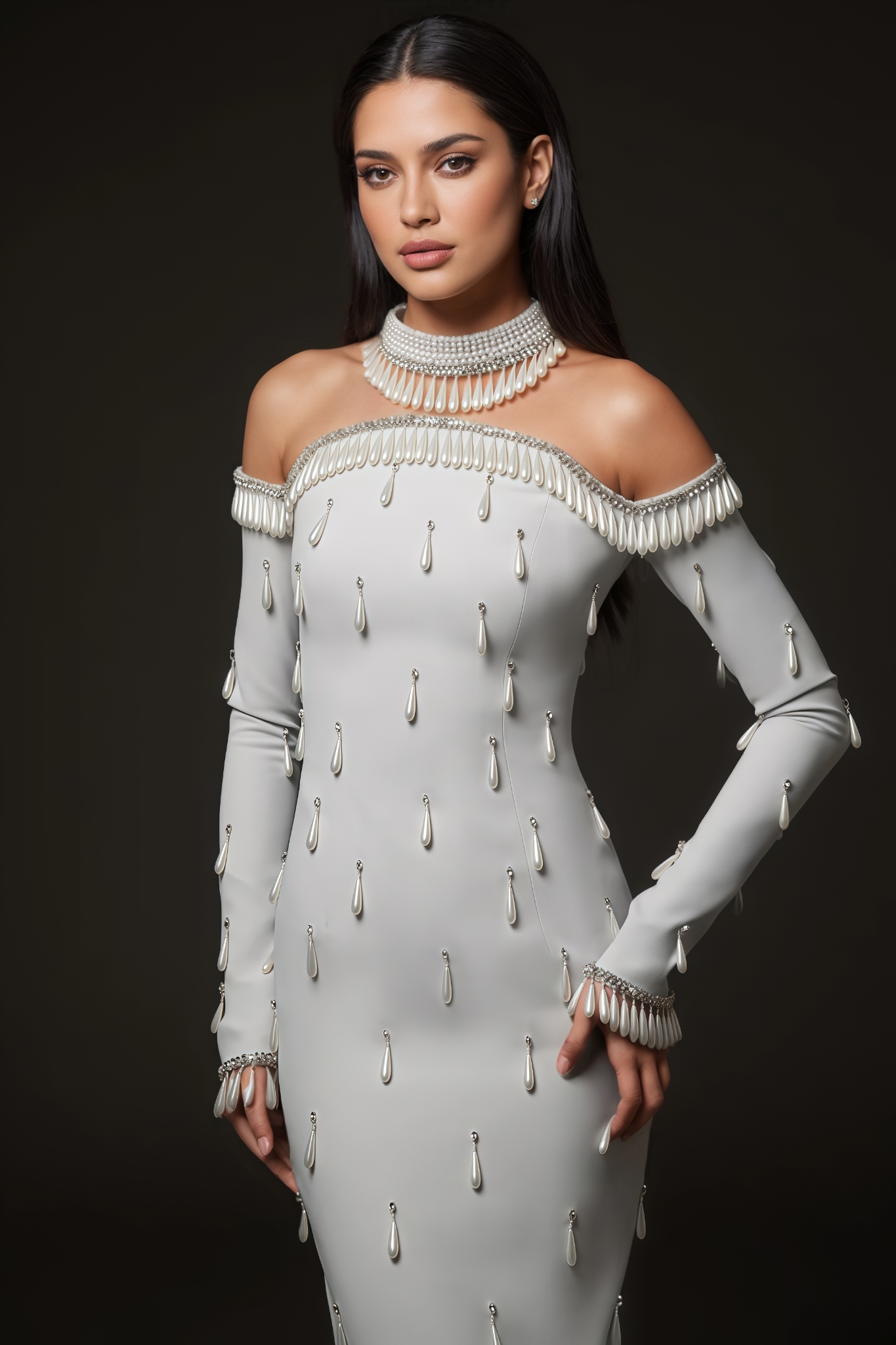 Celia White Long Sleeve Pearl Maxi Dress