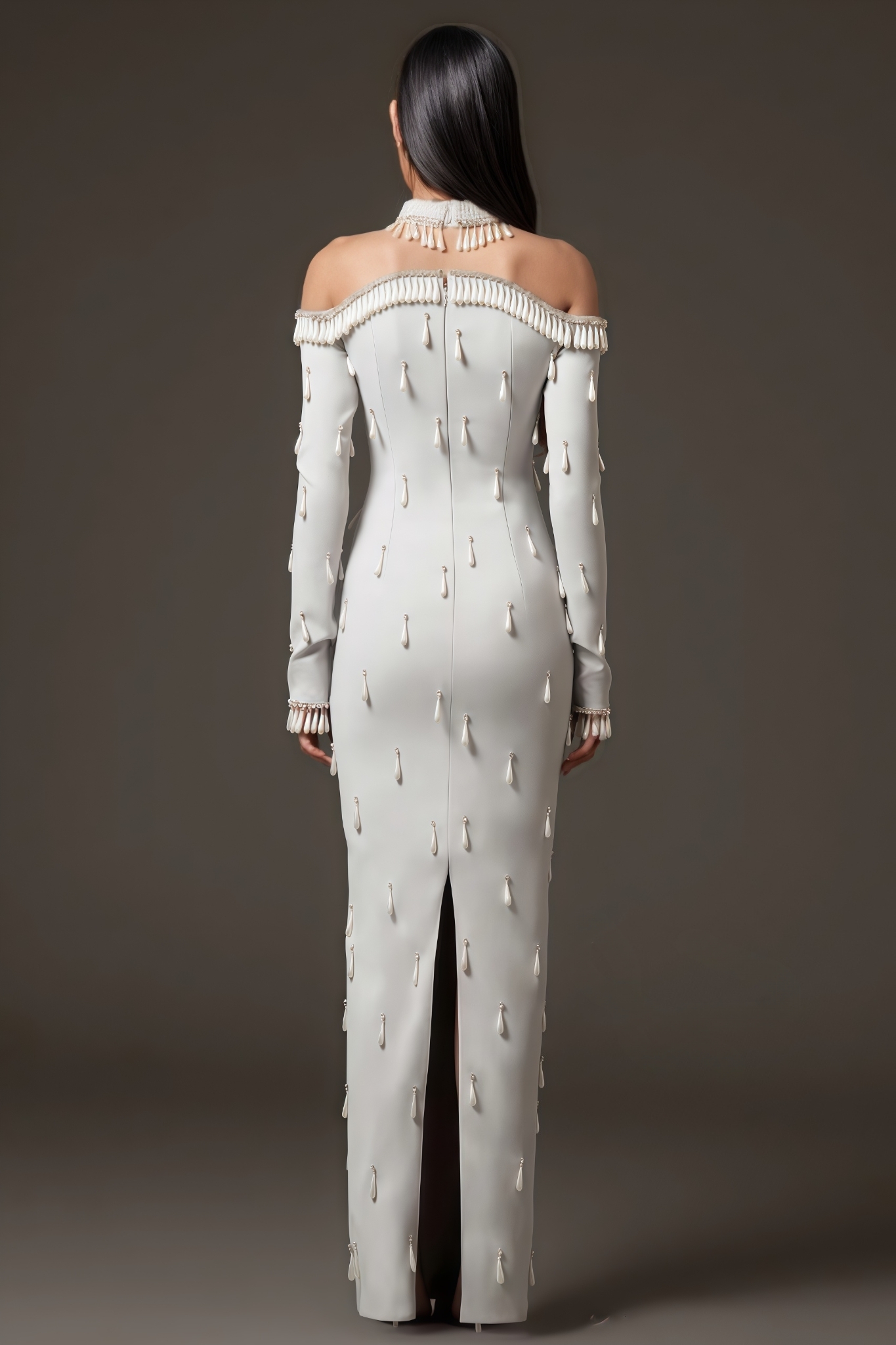 Celia White Long Sleeve Pearl Maxi Dress