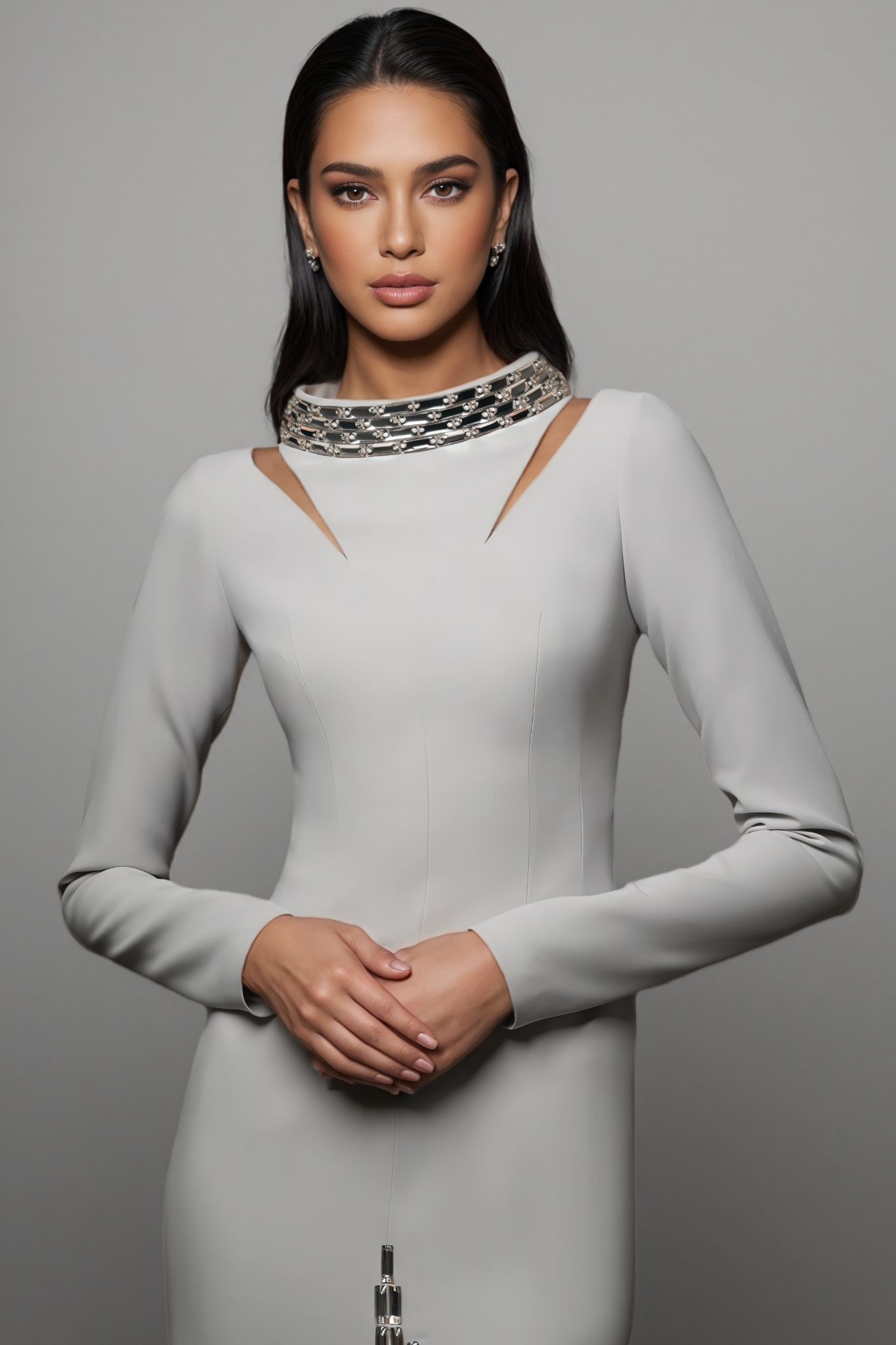 Aislety White Slit Openwork Beaded Maxi Dress