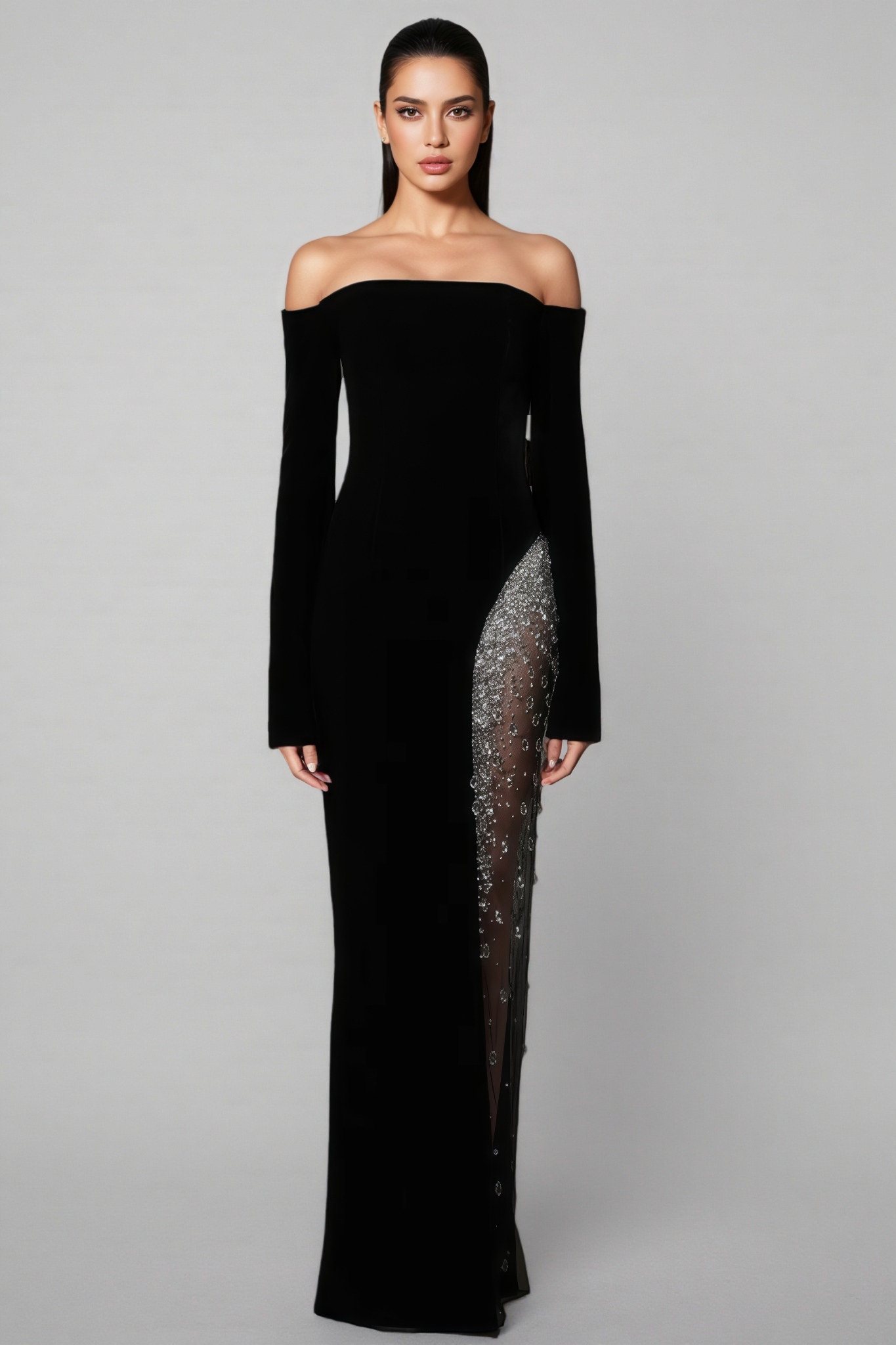 Tris Black Diamond Studded Mash Maxi Dress