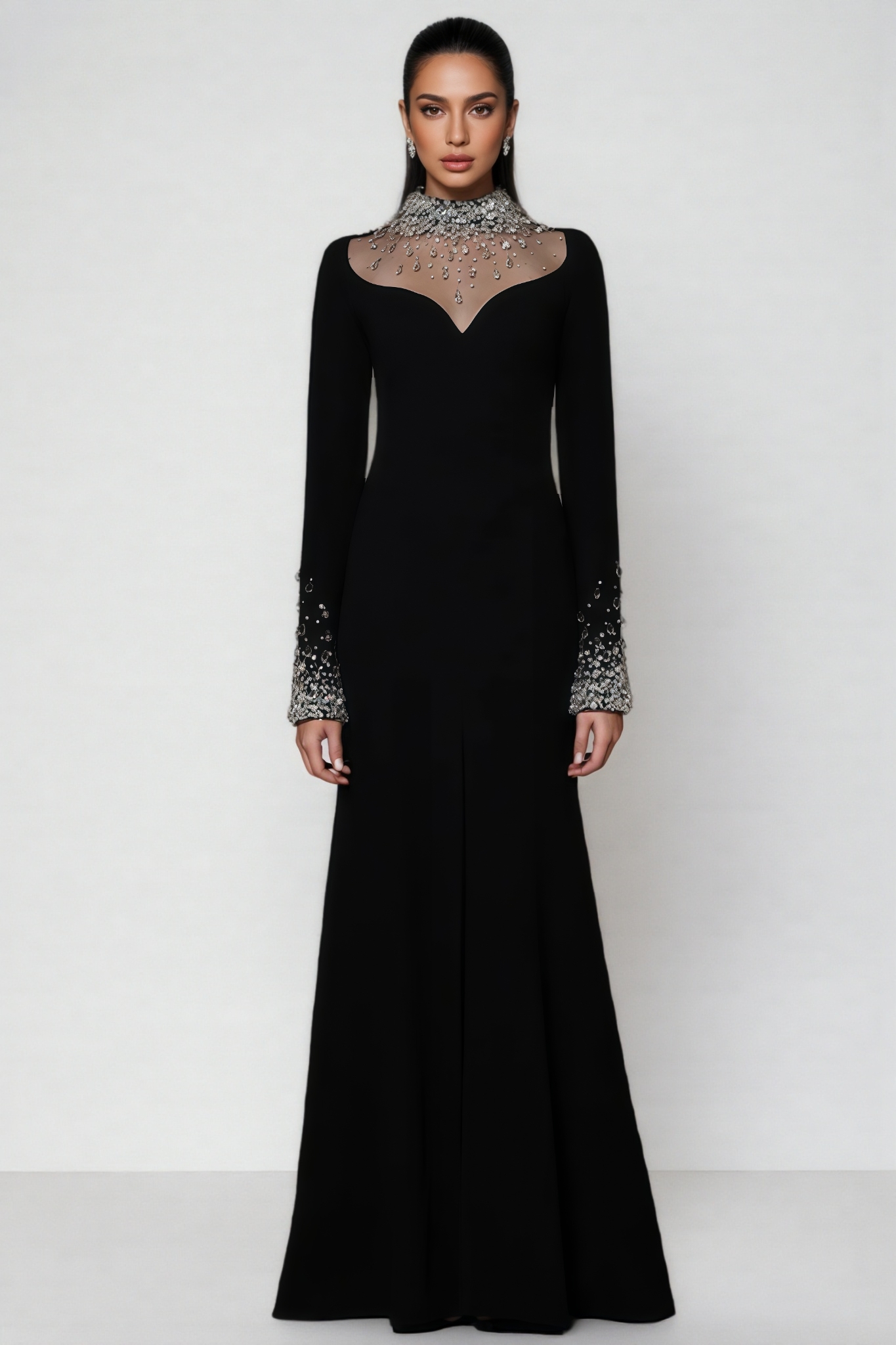 Umeko Black Diamond Studded Long Sleeve Maxi Dress