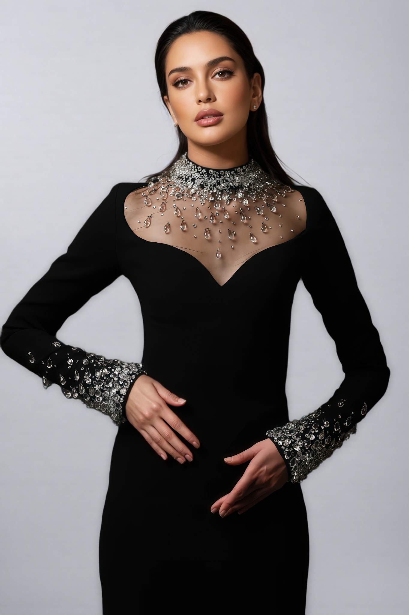 Umeko Black Diamond Studded Long Sleeve Maxi Dress