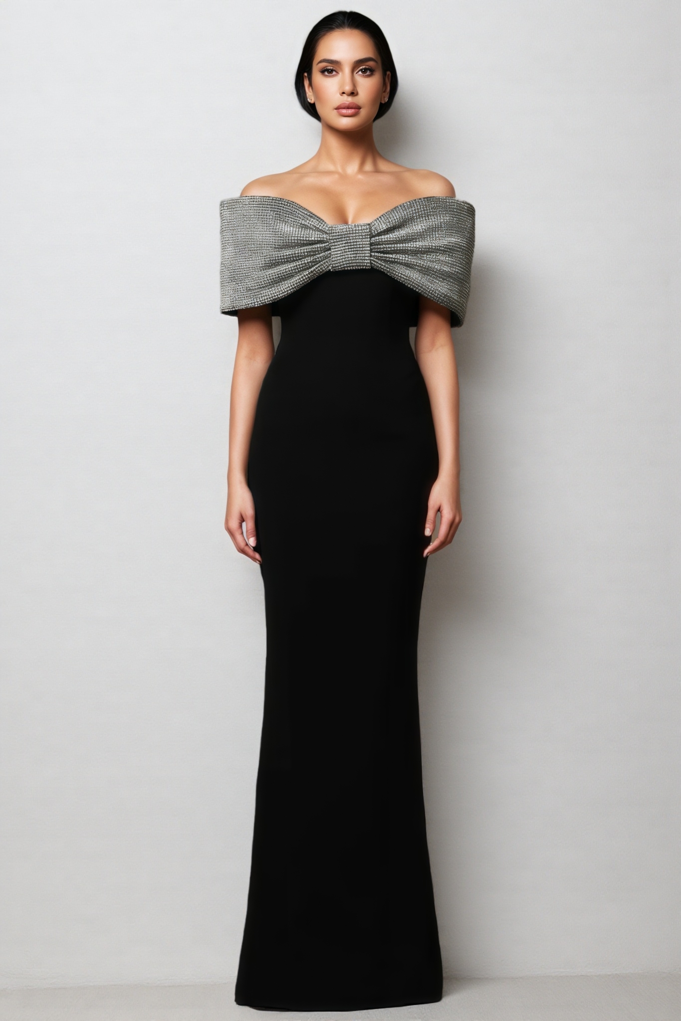 Grasa Black Rhinestone Bow Maxi Dress