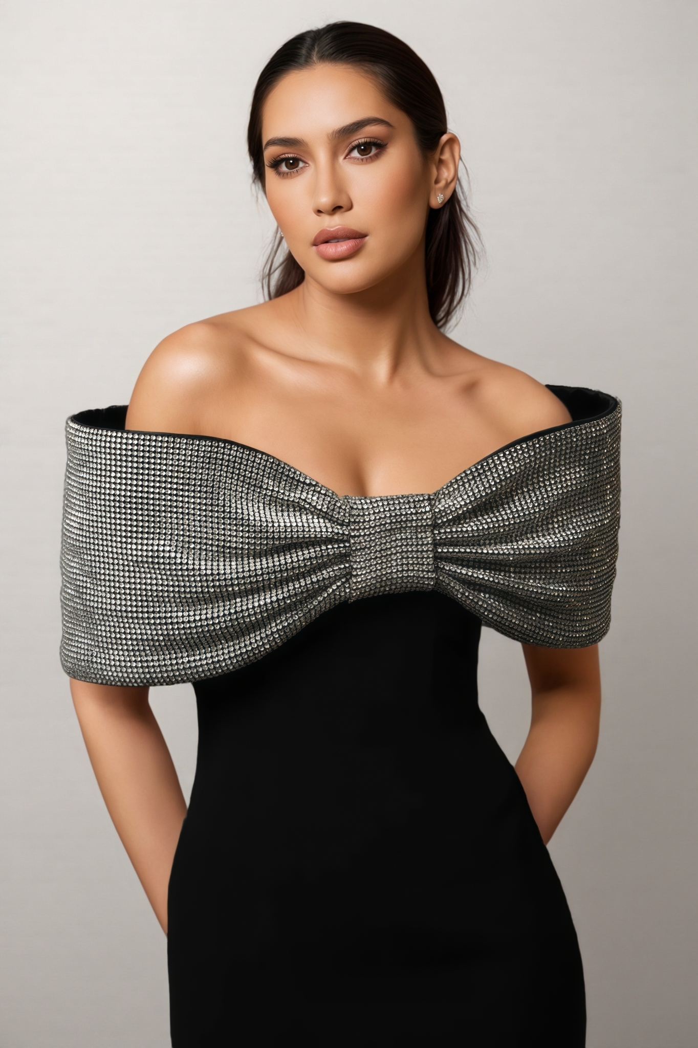 Grasa Black Rhinestone Bow Maxi Dress