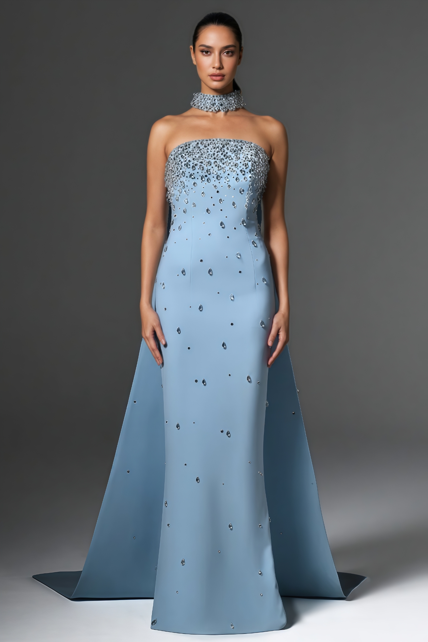 Zarde Blue Sleeveless Rhinestone Maxi Dress
