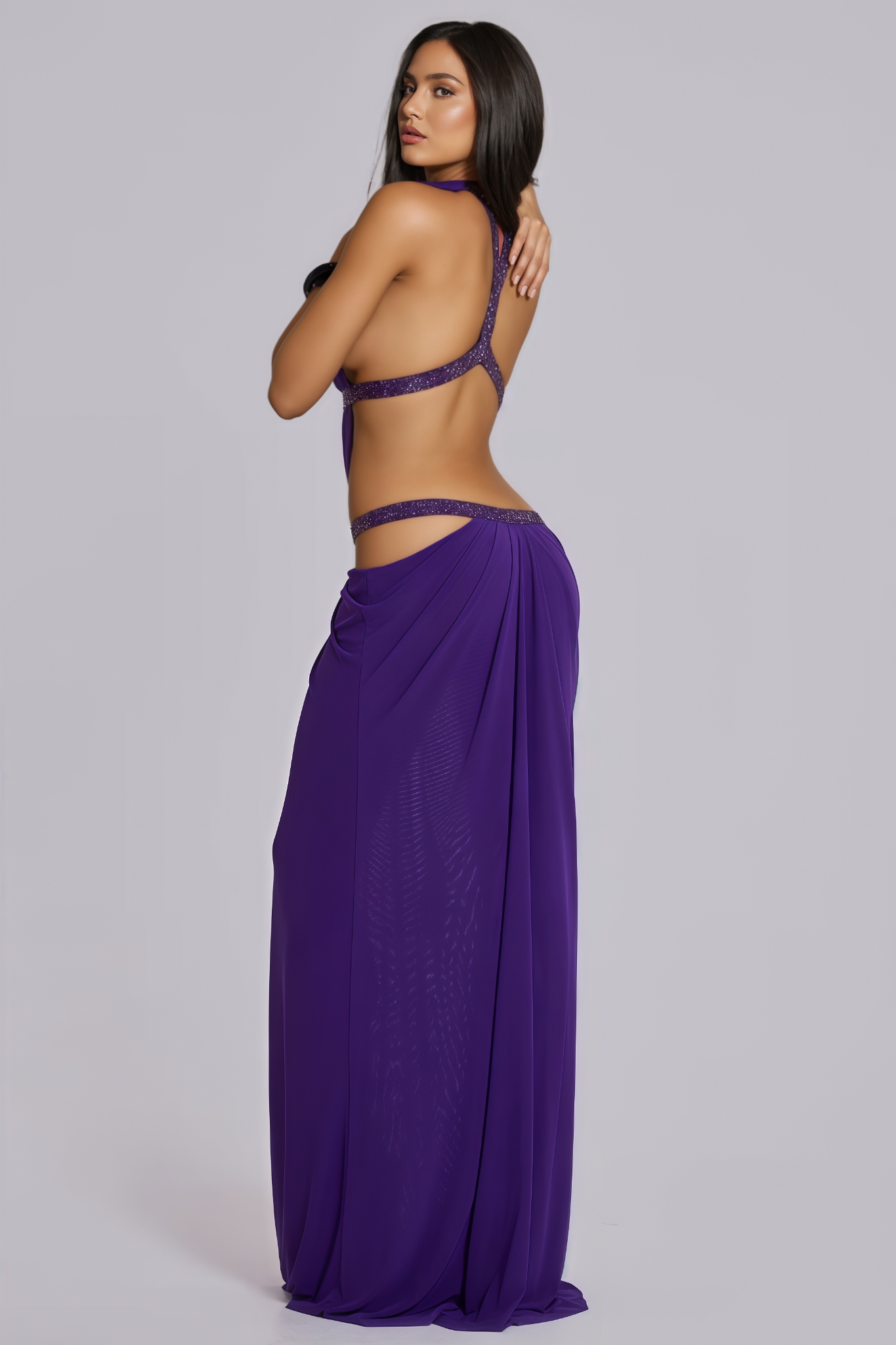Elvige Purple Rhinestone Cut Out Maxi Dress