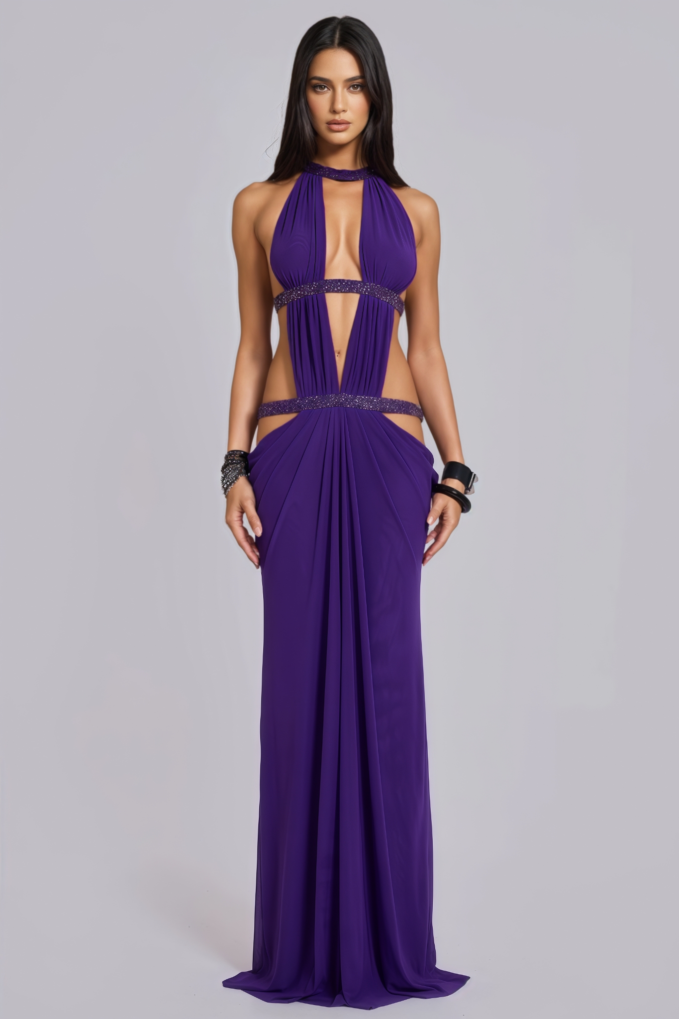 Elvige Purple Rhinestone Cut Out Maxi Dress