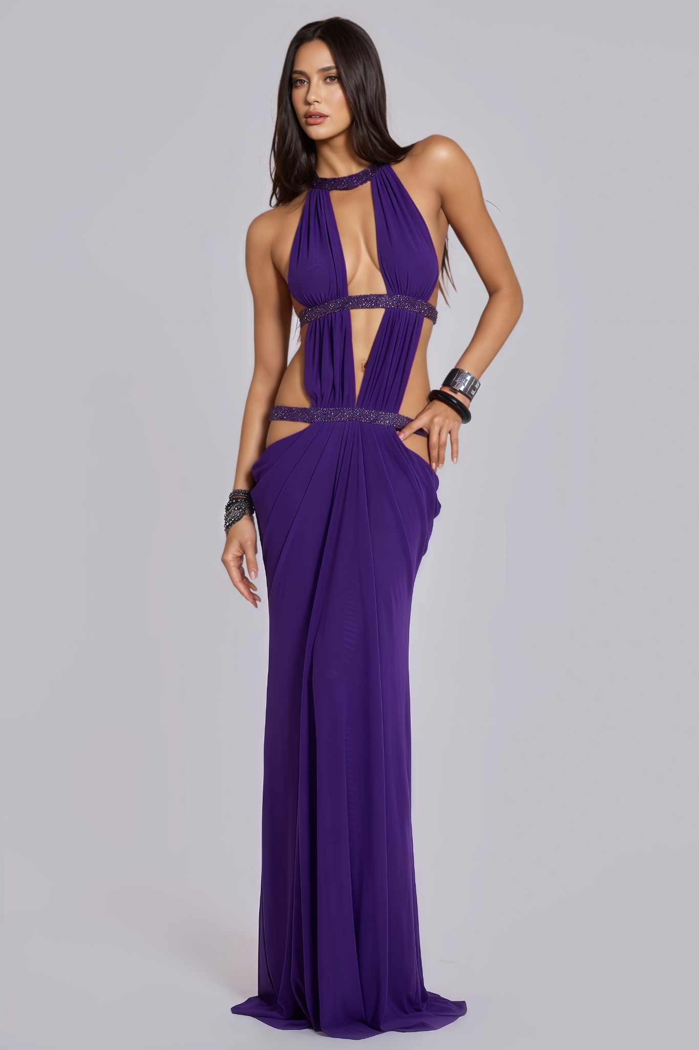 Elvige Purple Rhinestone Cut Out Maxi Dress