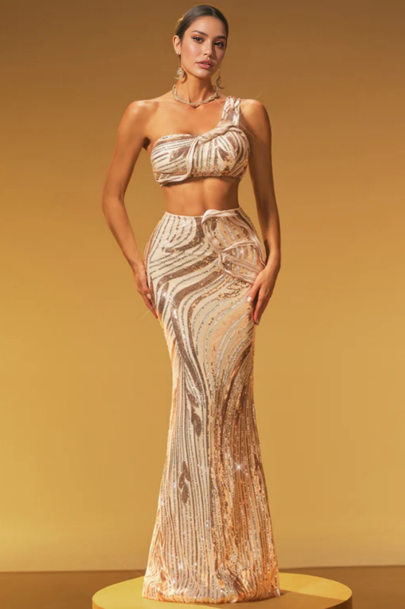 Nevat One Shoulder Sequin Maxi Dress Set