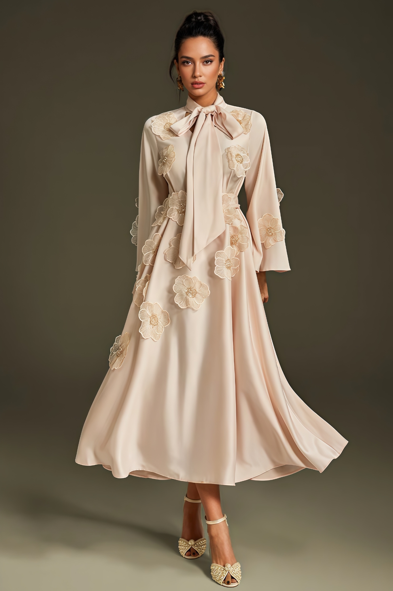 Fala Tie Up Flower Satin Maxi Dress