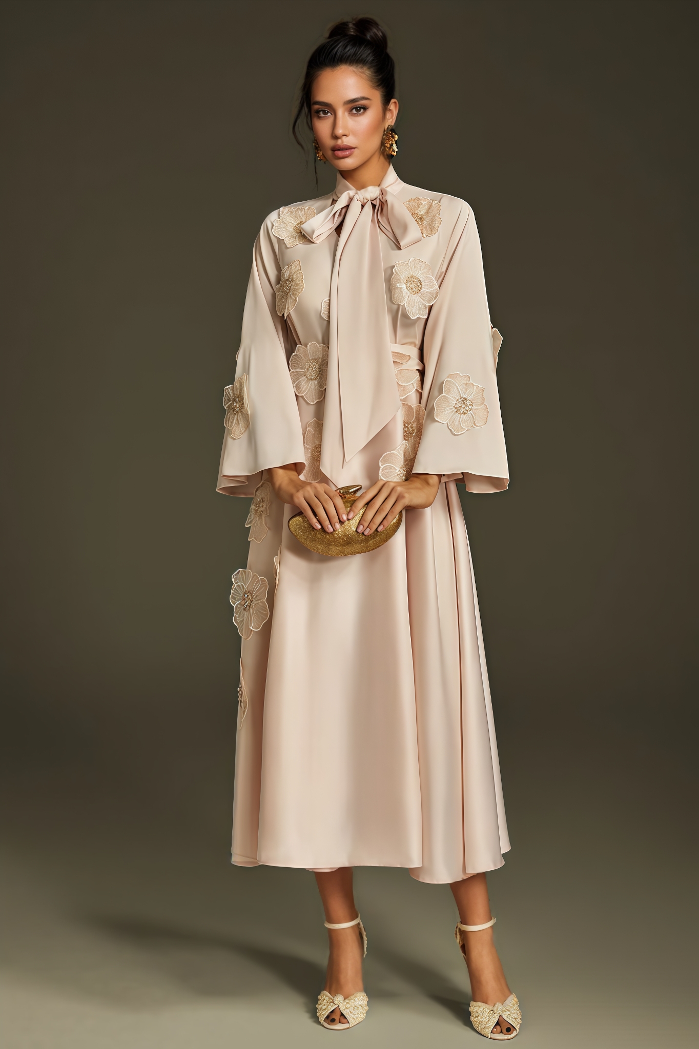 Fala Tie Up Flower Satin Maxi Dress